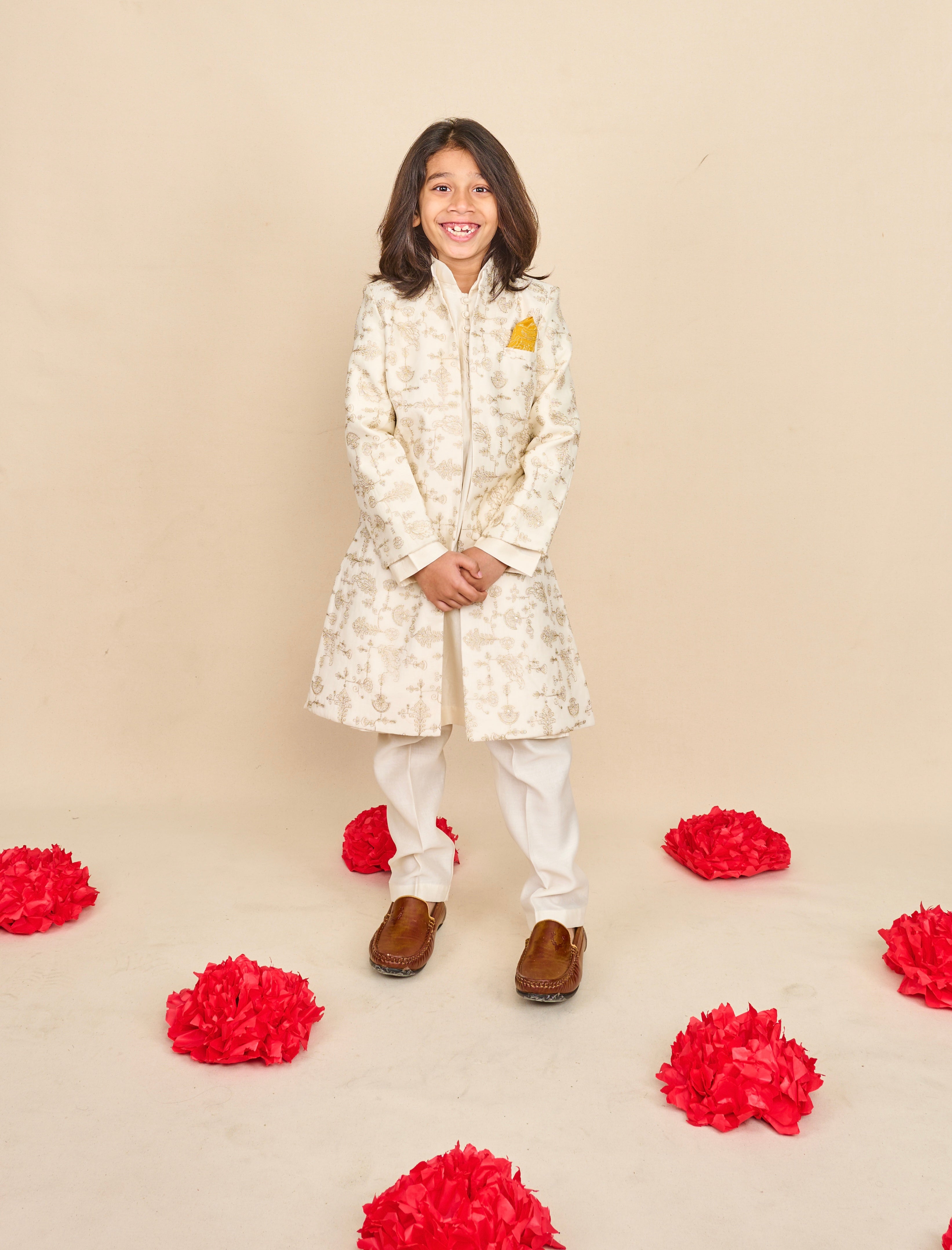 Pearl White Open Achkan Set