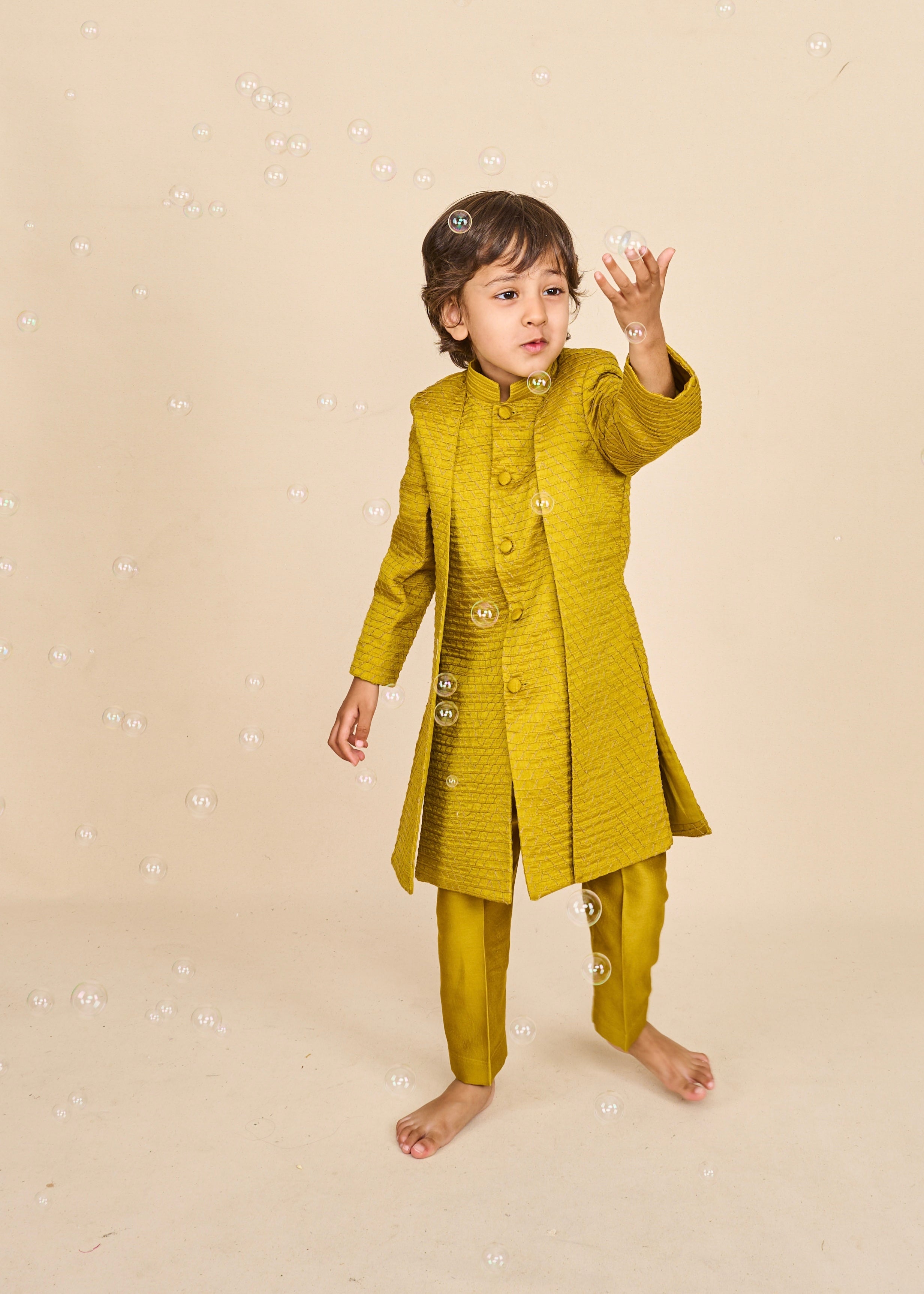 Flaxen Yellow Layered Achkan Set