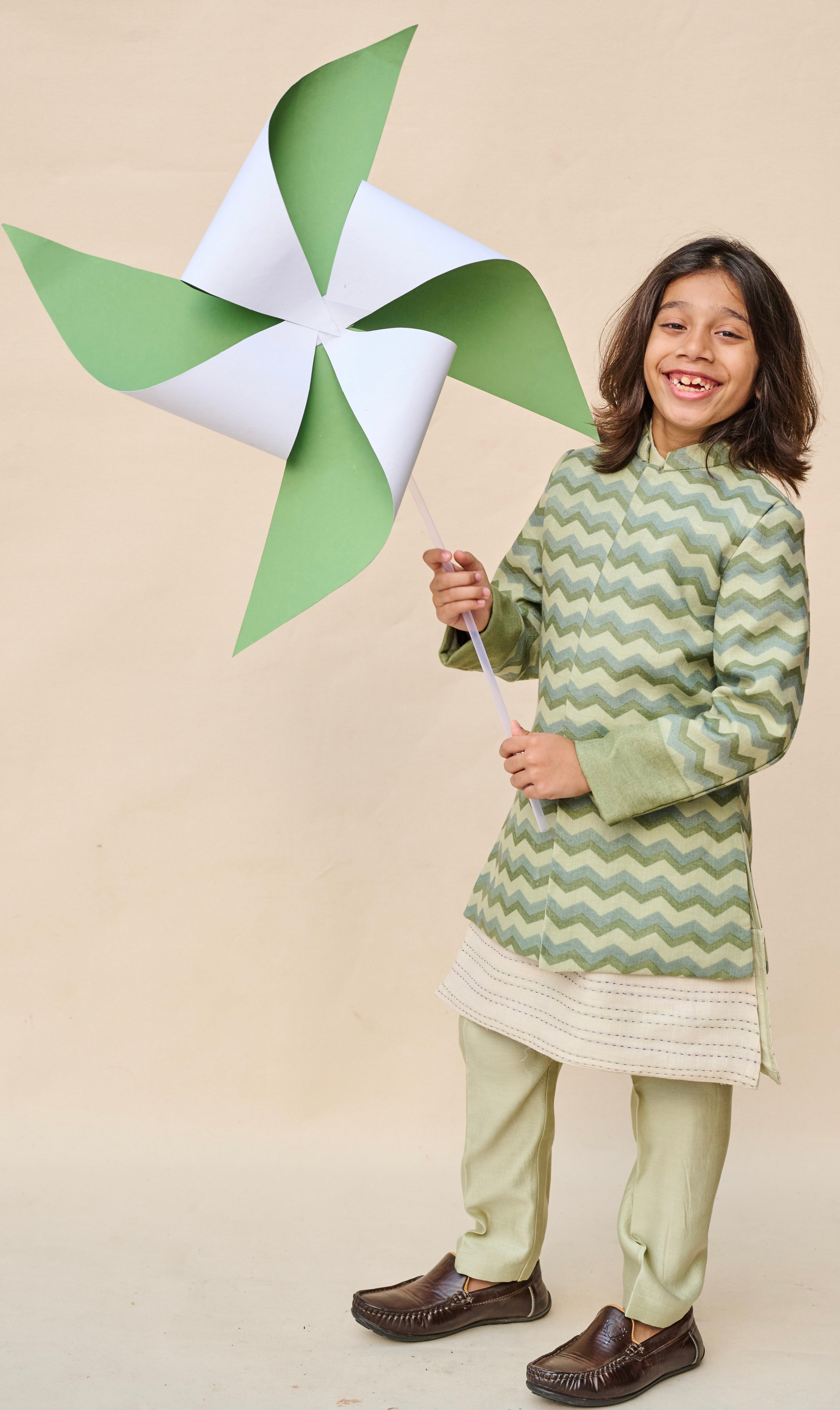 Sage Green Printed Linen Achkan Set