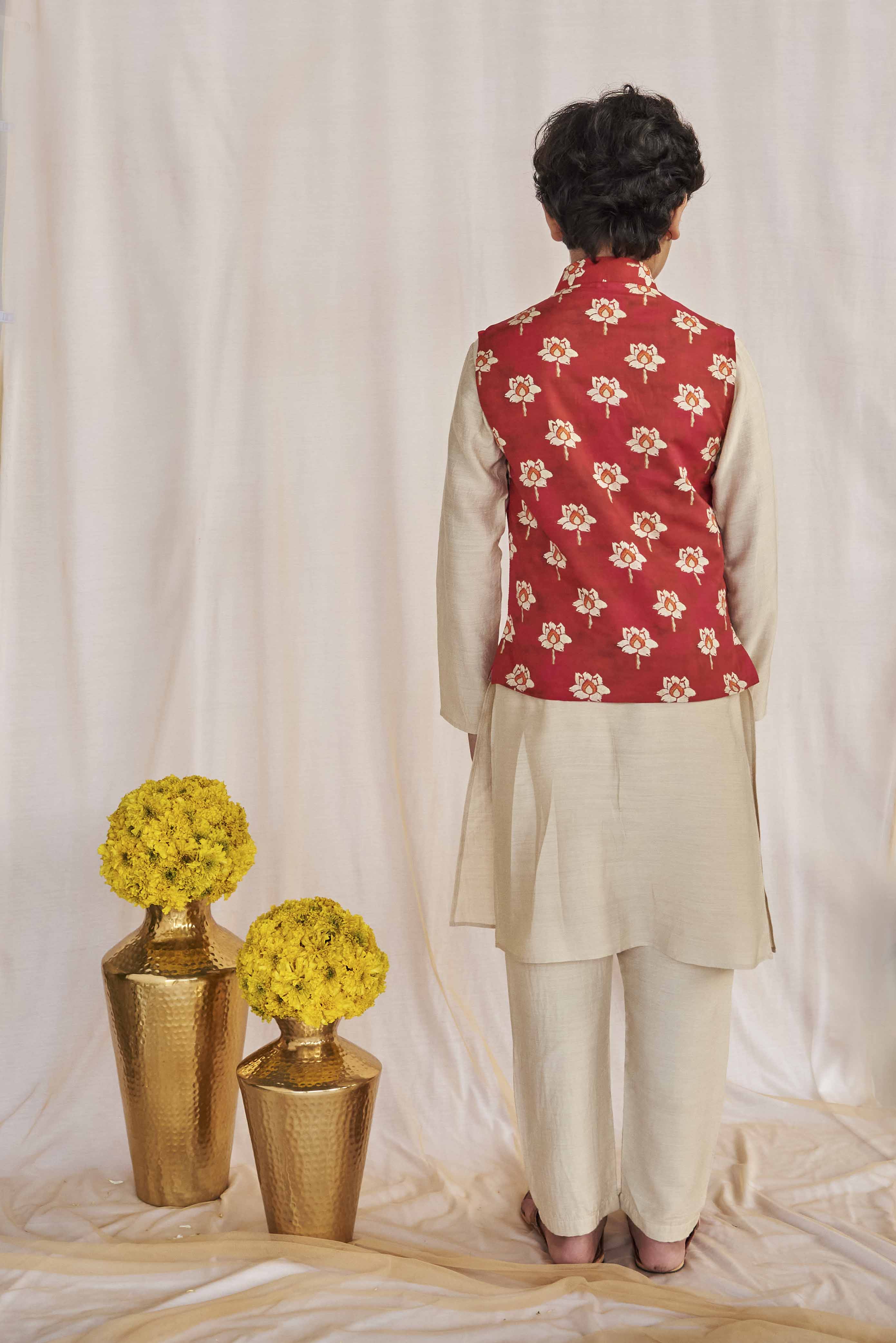 Pink Lotus Print Kurta Jacket Set