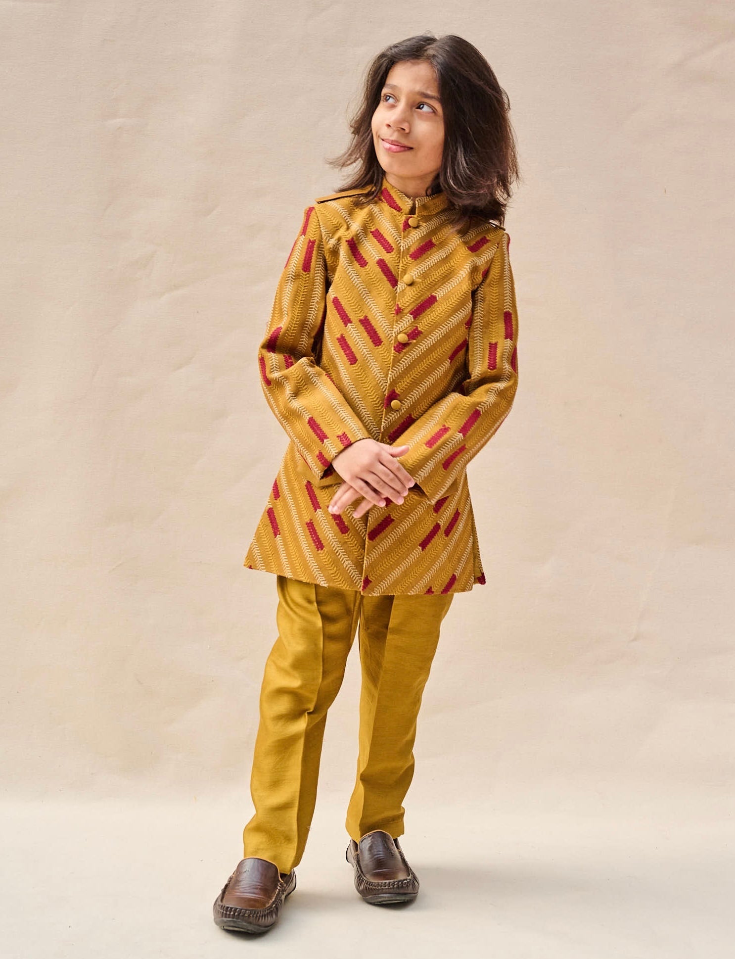 Dijon Mustard Embridered Short Achkan Set