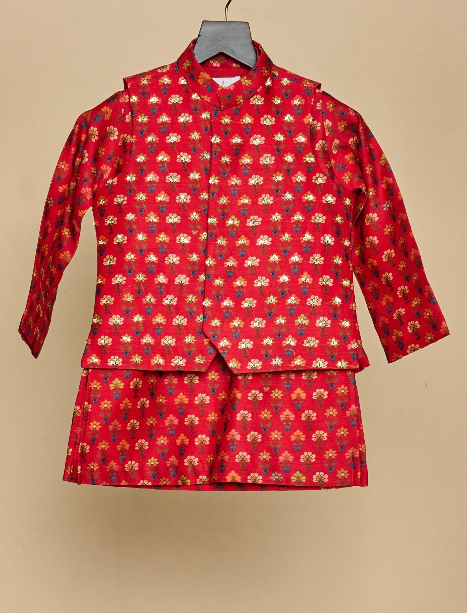 Cherry Red Jaipuri Prints Highlighted Kurta Jacket Set