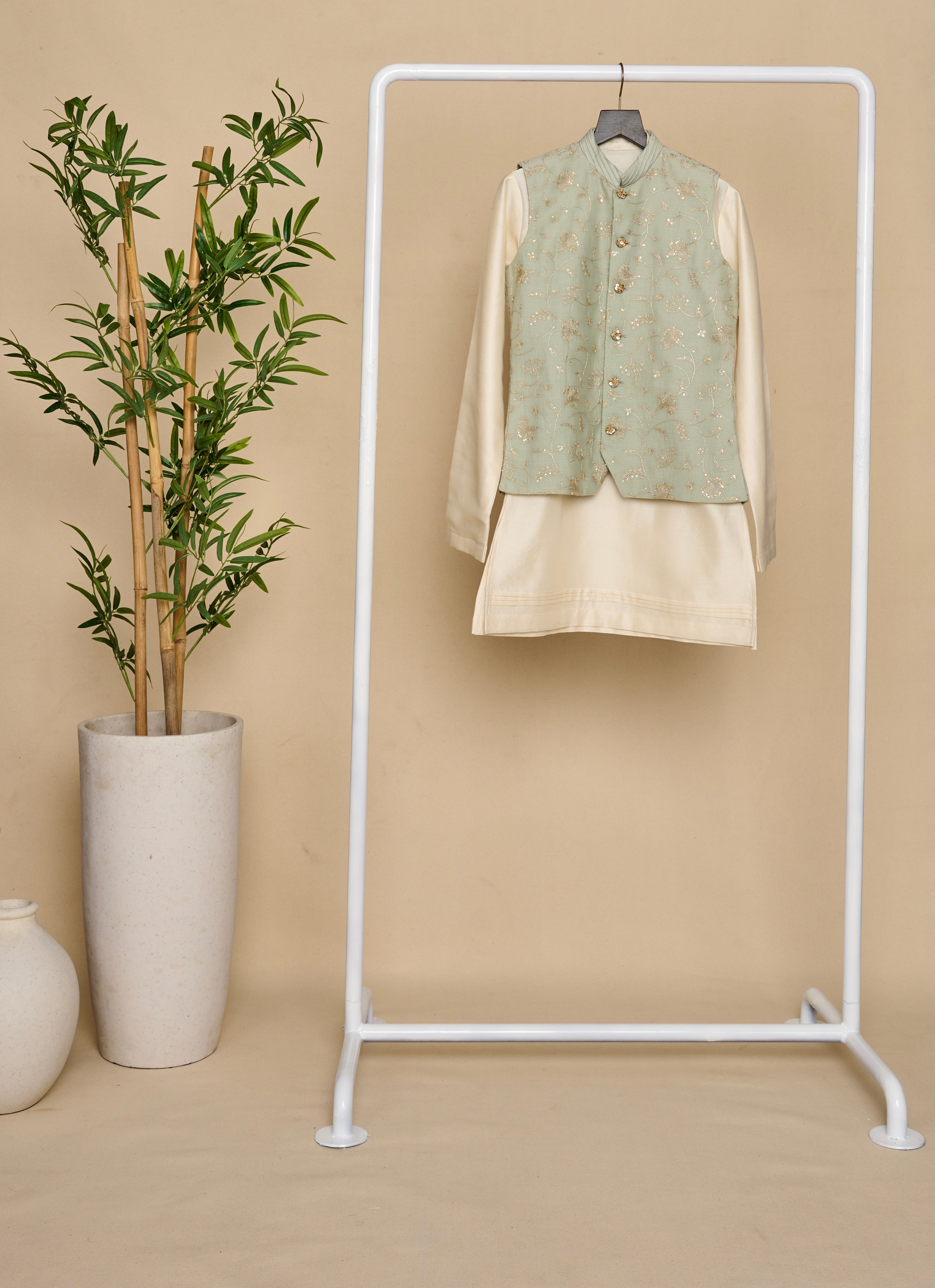 Tea Green Zari Kurta Jacket Set