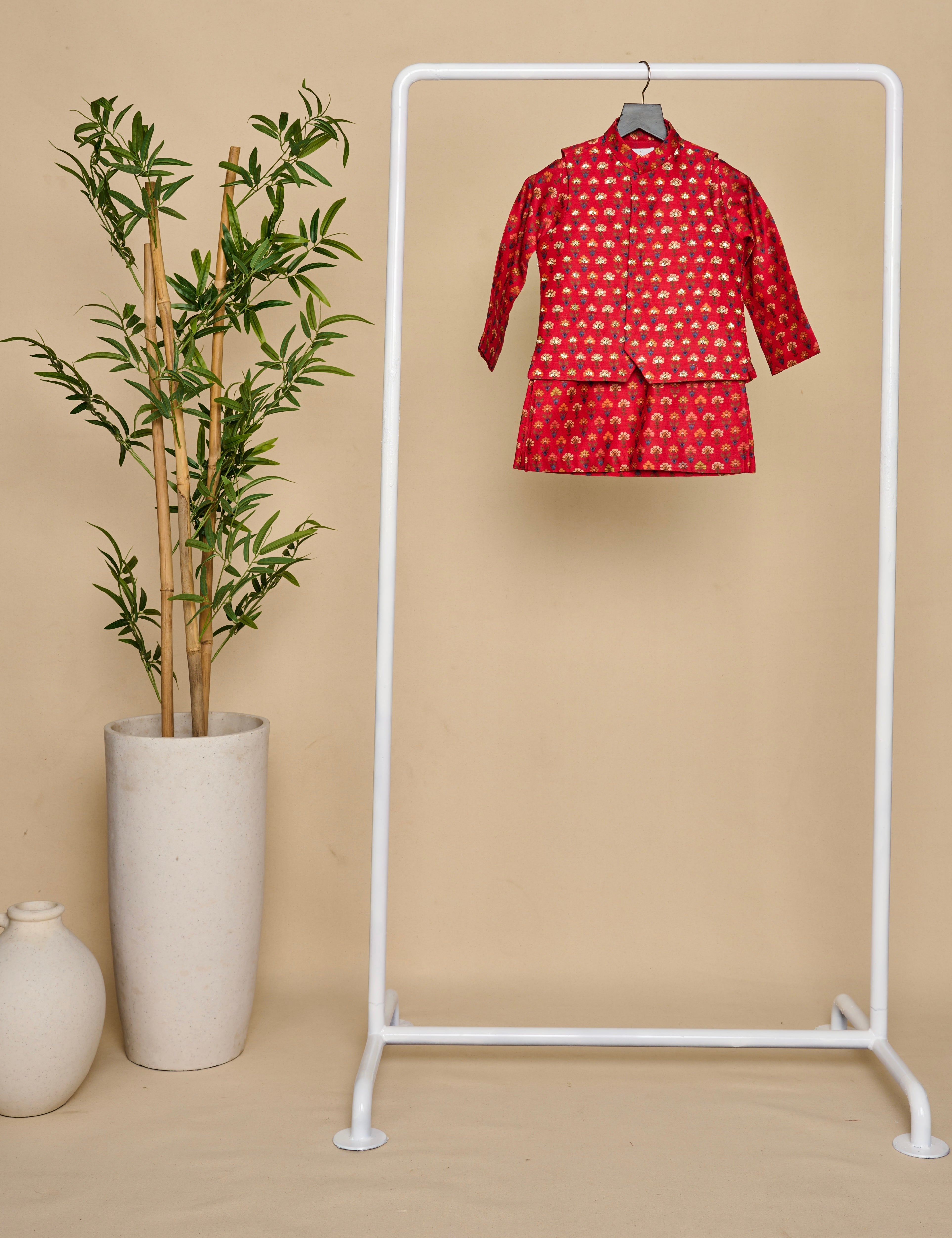 Cherry Red Jaipuri Prints Highlighted Kurta Jacket Set