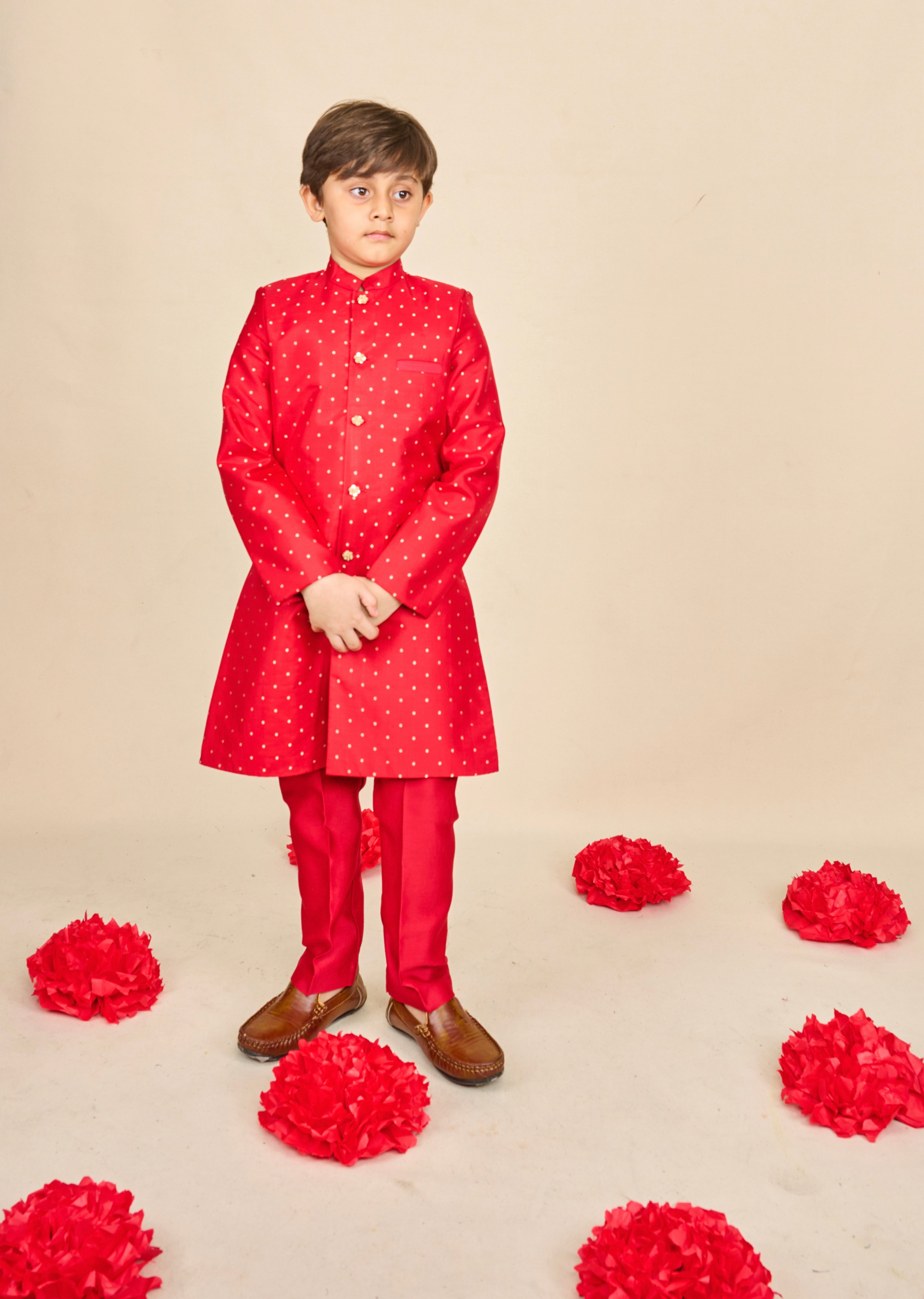 Bright Red Silk Weave Achkan Set