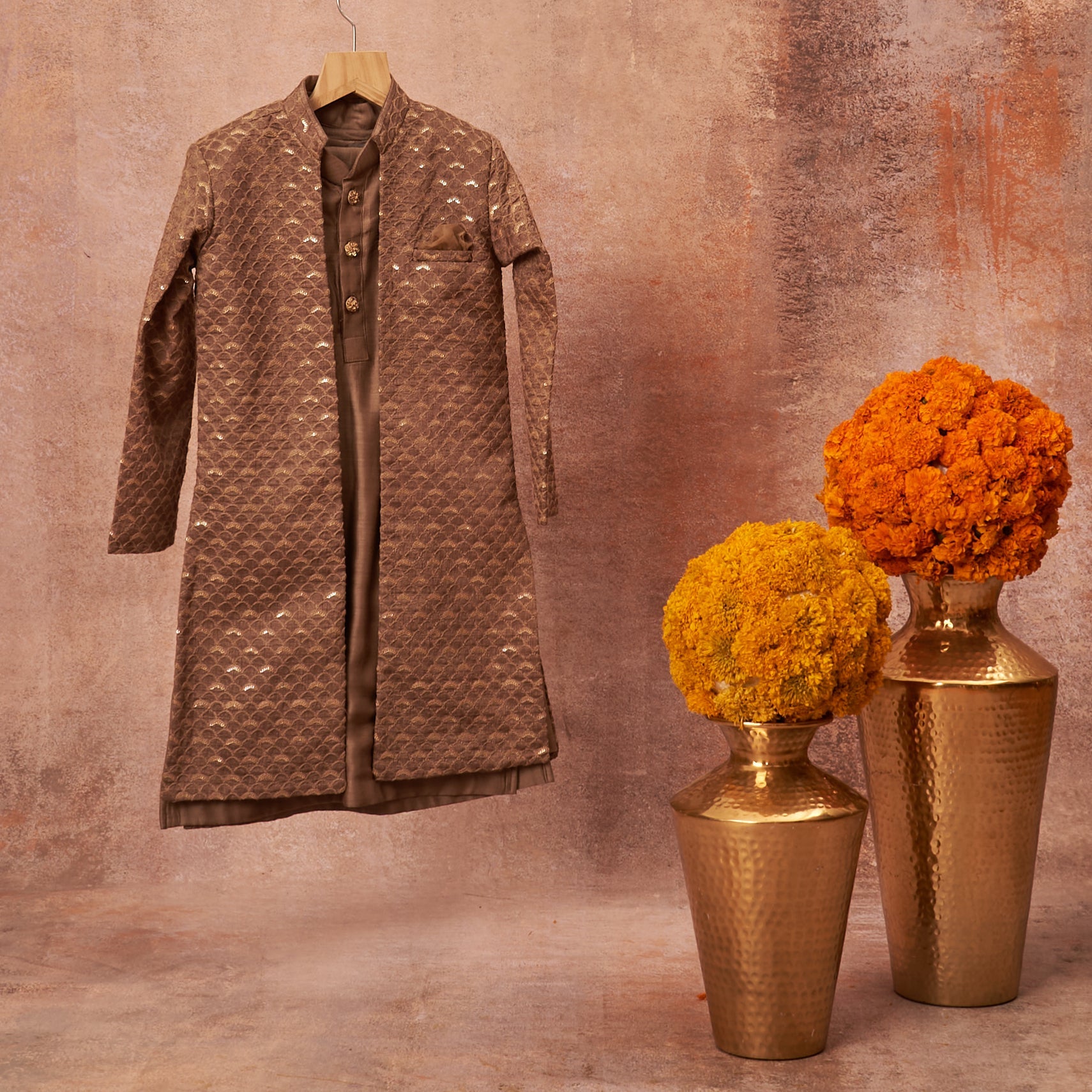 Brown-Grey Lakhnawi Achkan Set