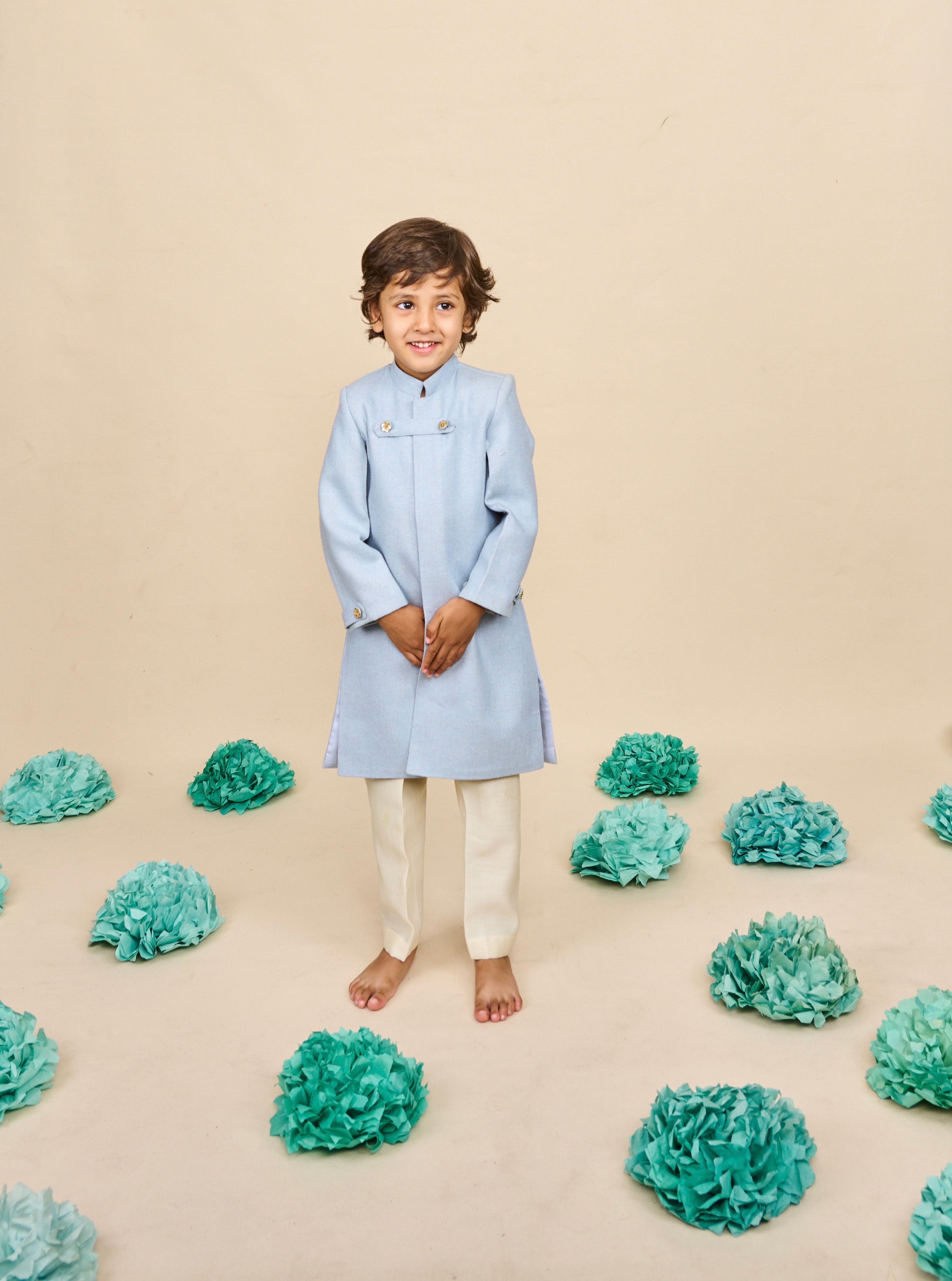 Sky Coloured Cotton Matka Achkan Set