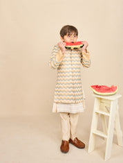 Beige Printed Linen Achkan Set