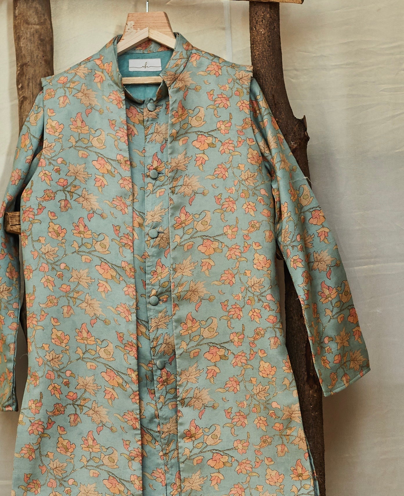 Turquoise Blue Printed Silk Set