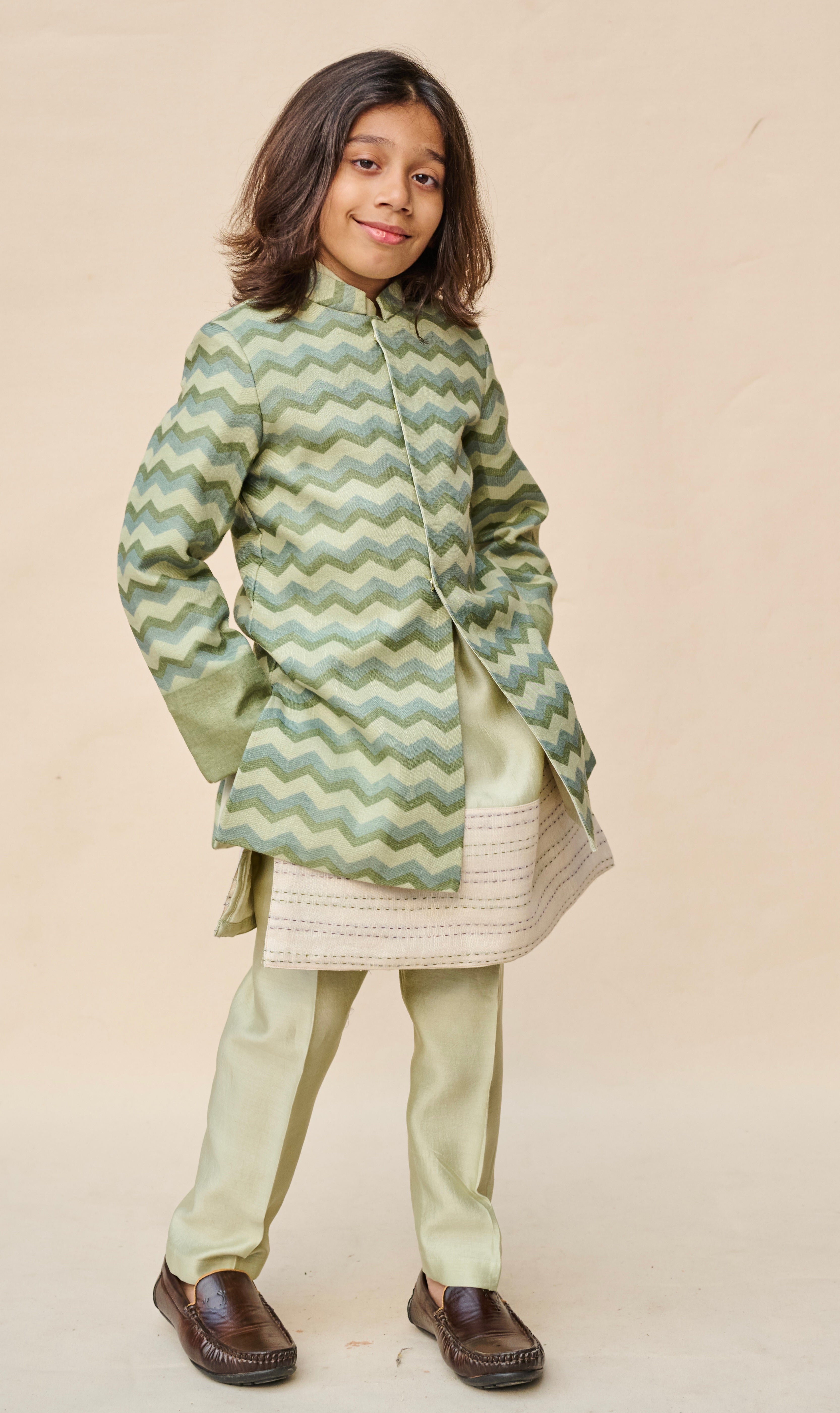 Sage Green Printed Linen Achkan Set