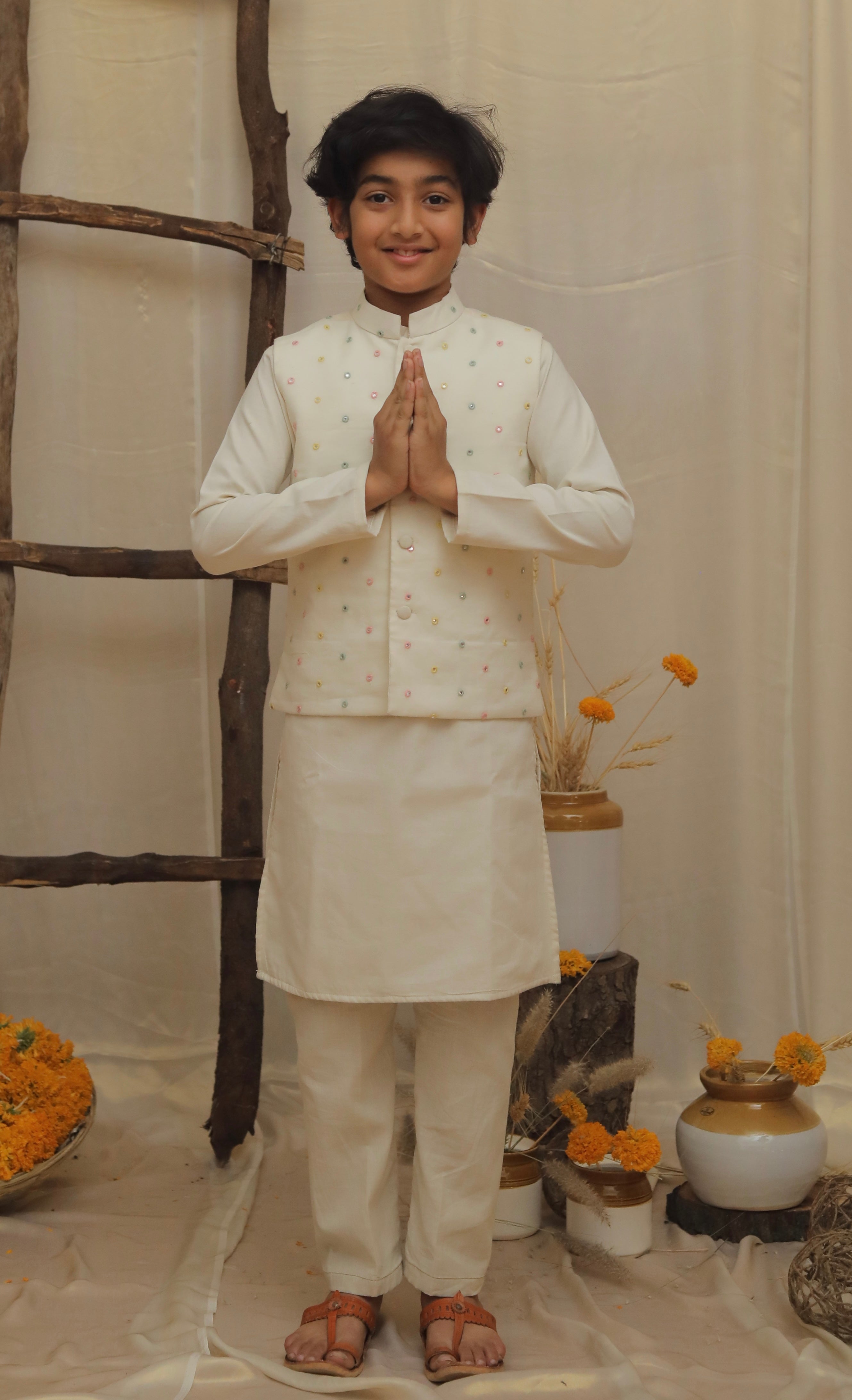 Off White Mirror Work Kurta Jacket Set