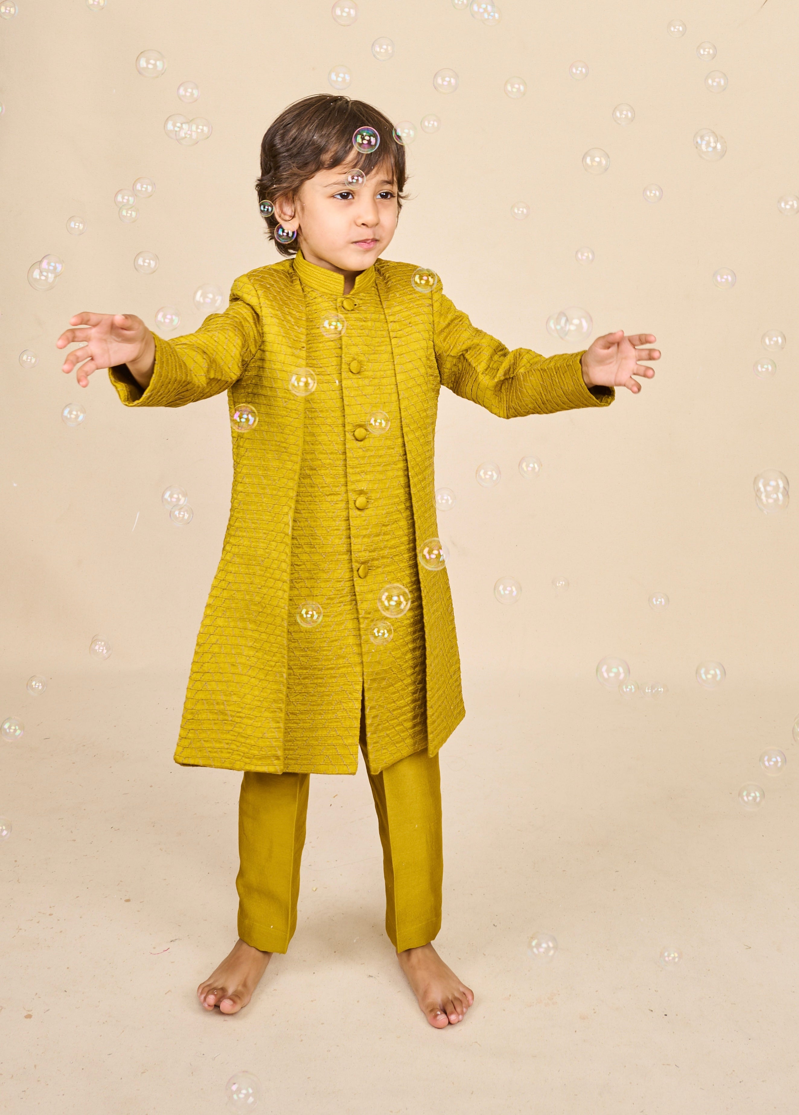 Flaxen Yellow Layered Achkan Set