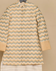 Beige Printed Linen Achkan Set