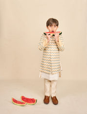 Beige Printed Linen Achkan Set