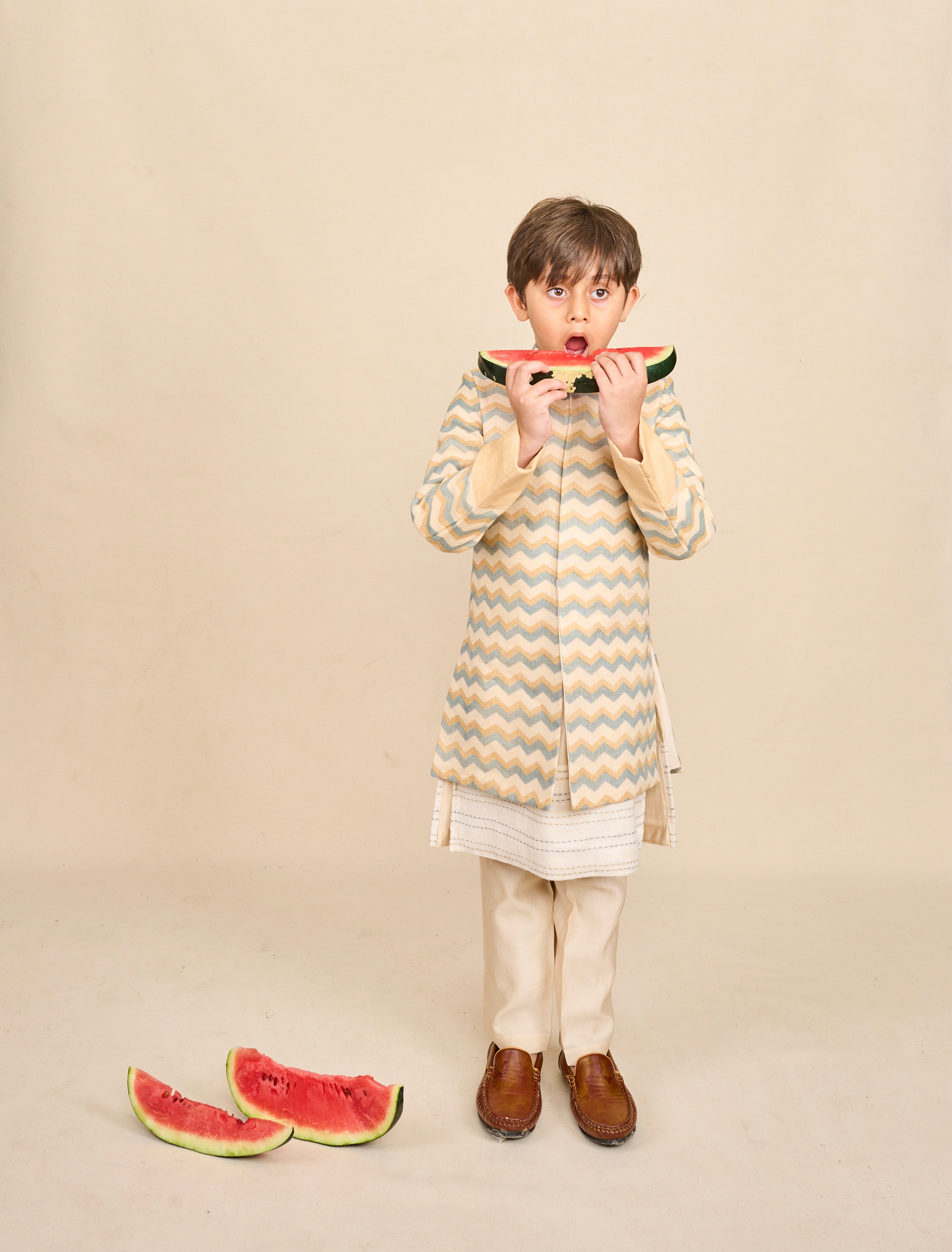 Beige Printed Linen Achkan Set