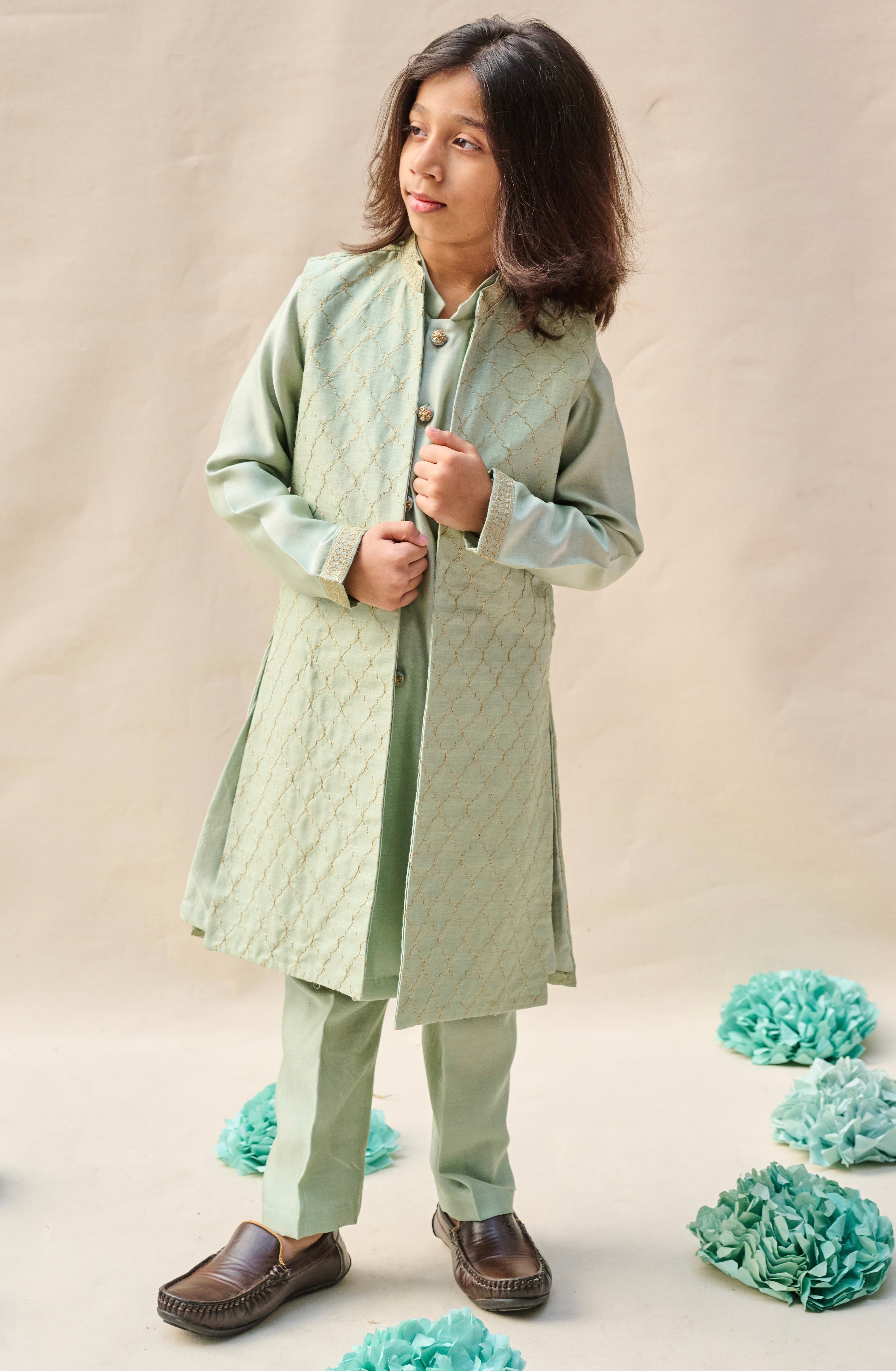 Glacial Green Tassar Long Jacket Set