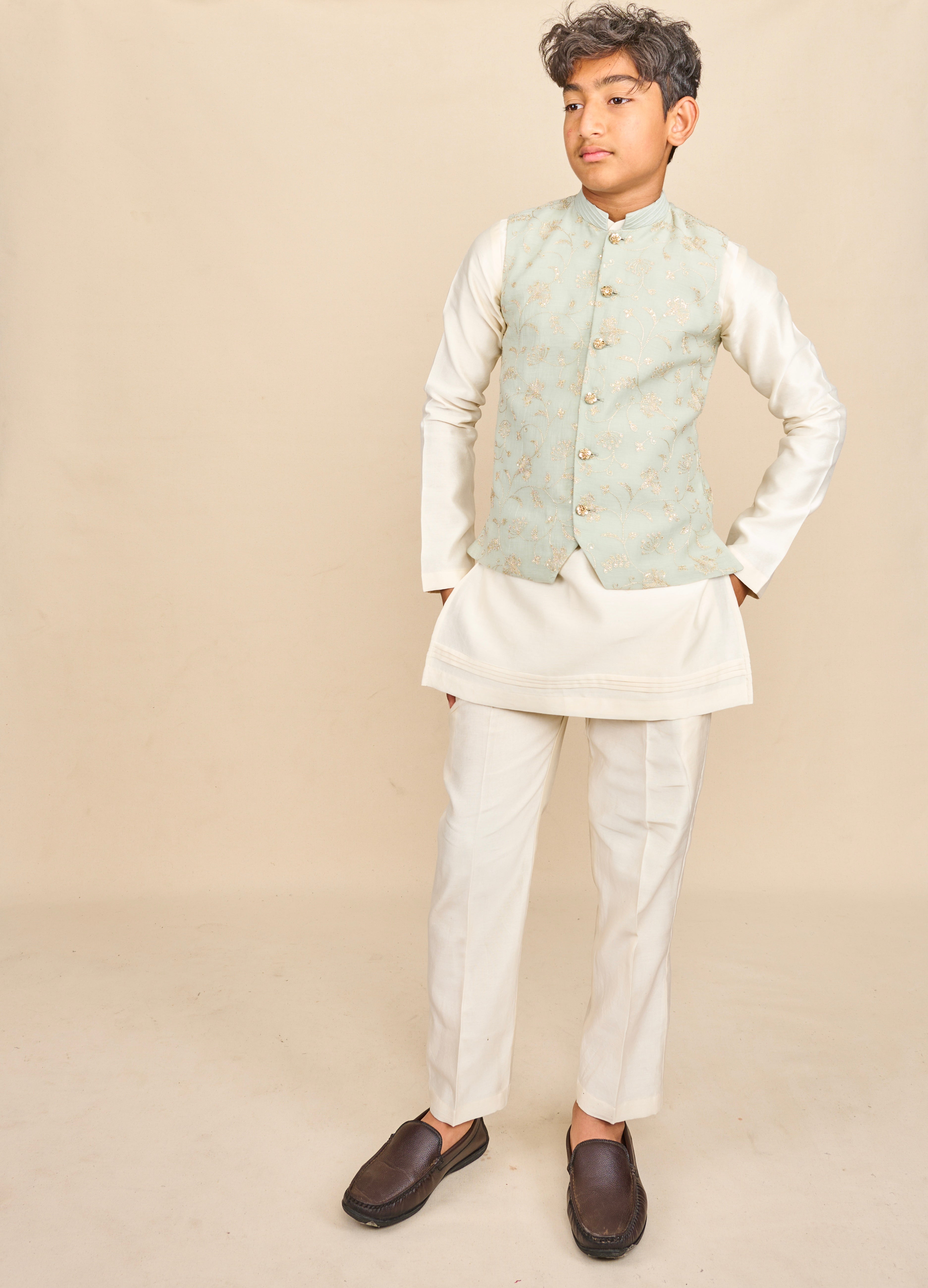 Tea Green Zari Kurta Jacket Set