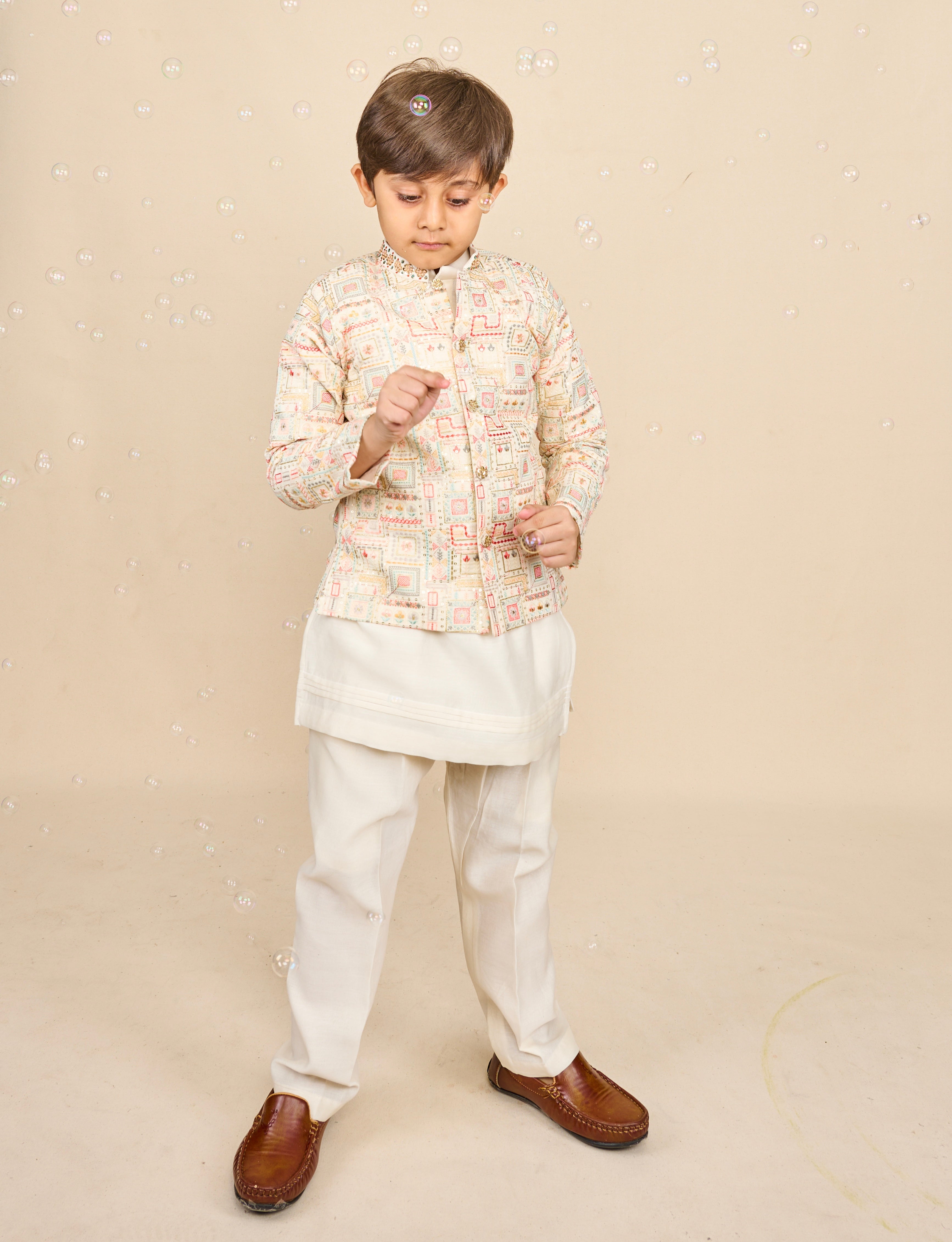 Faded-White Embroidered Bandhgala Set