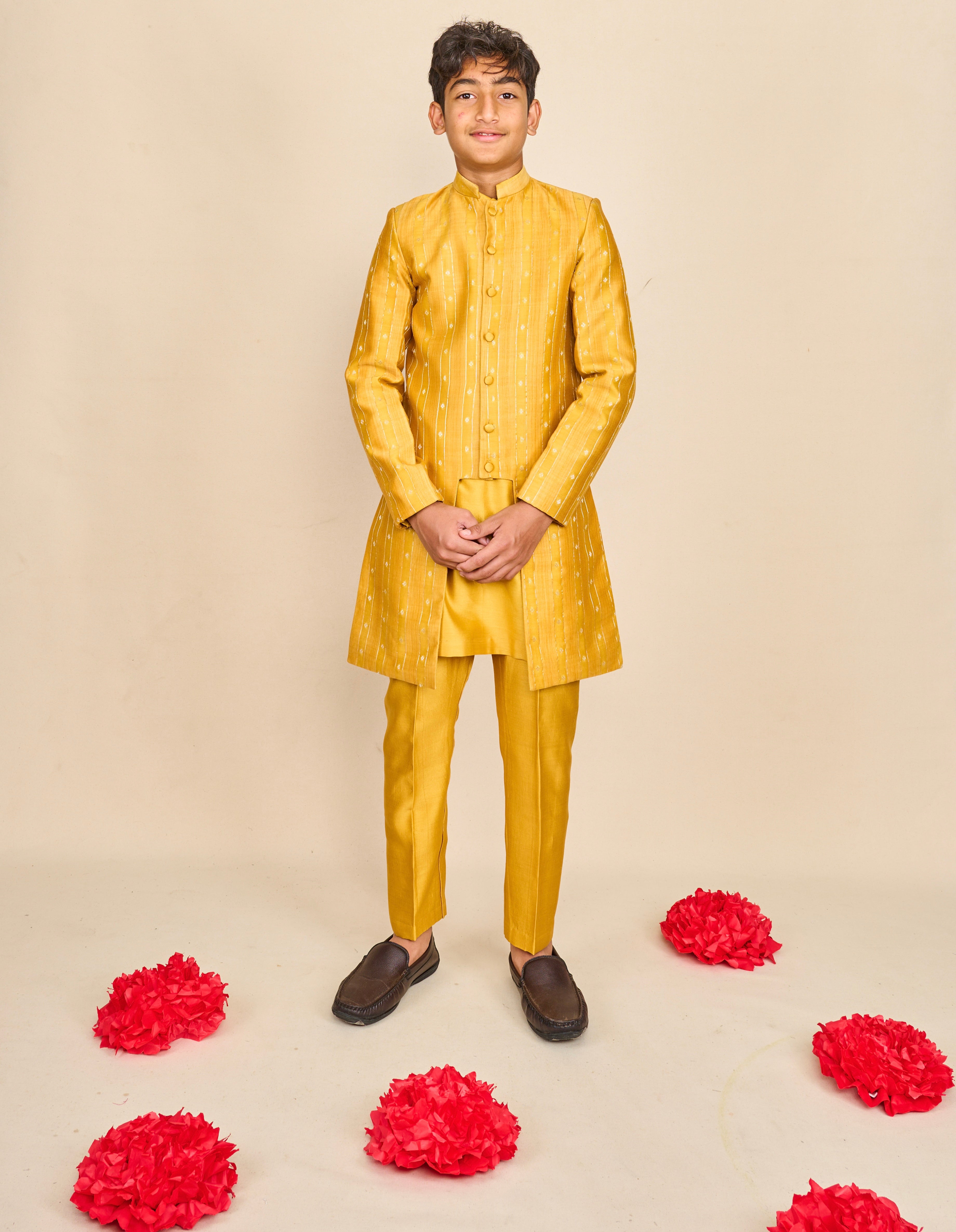 Honey Yellow Moonga Silk Achkan Set