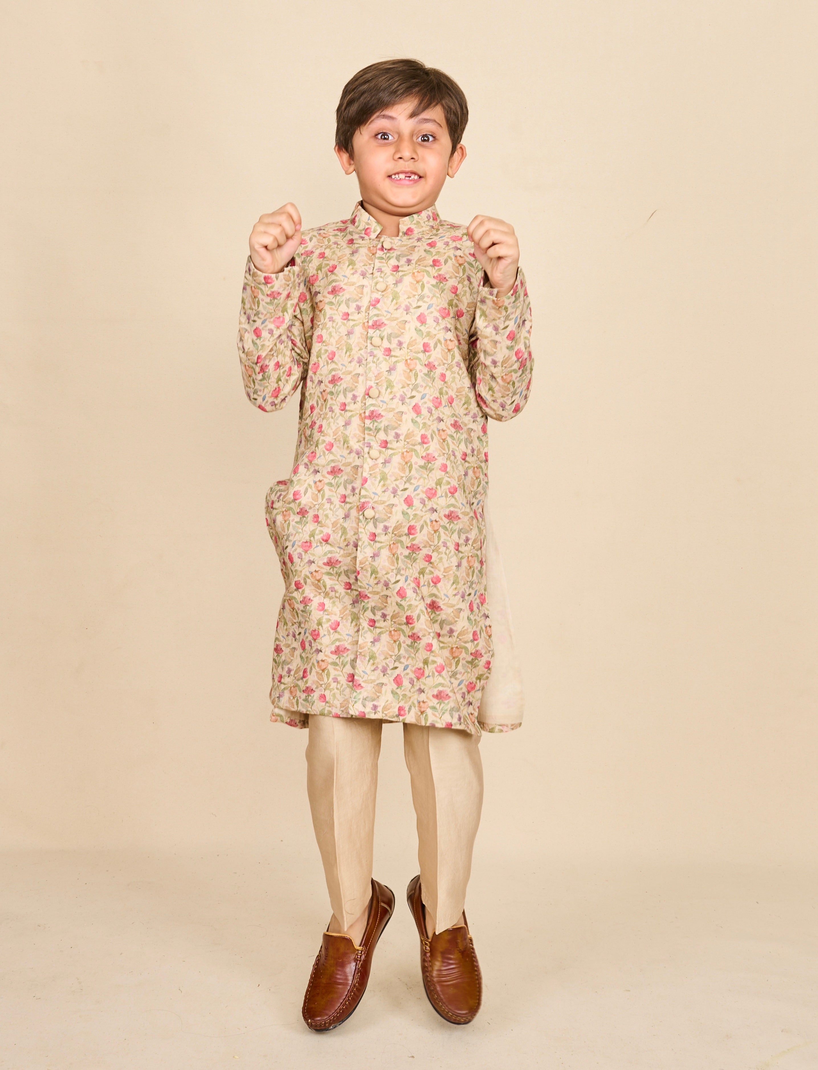 Coral Red Multicolour Linen Kurta Set