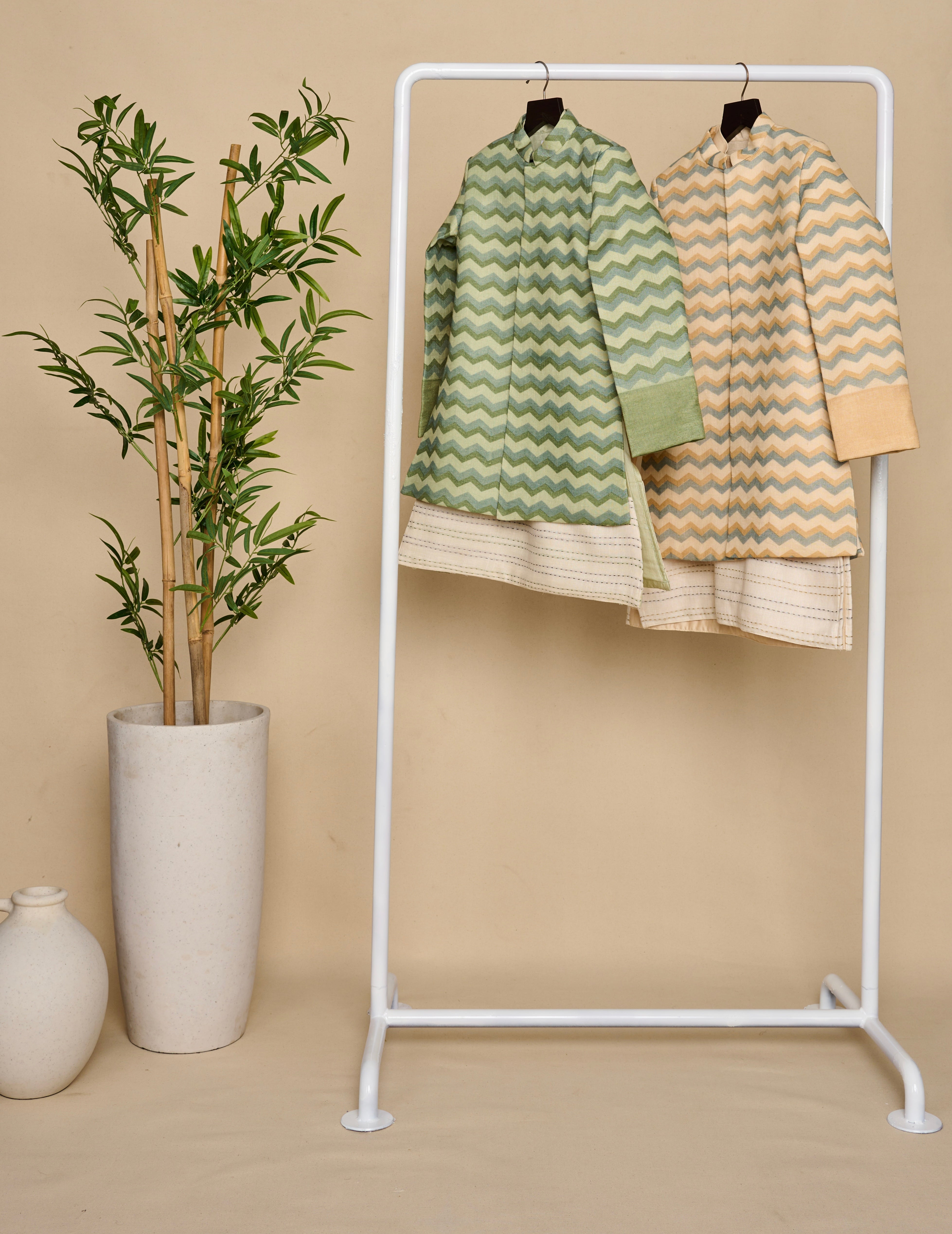 Beige Printed Linen Achkan Set