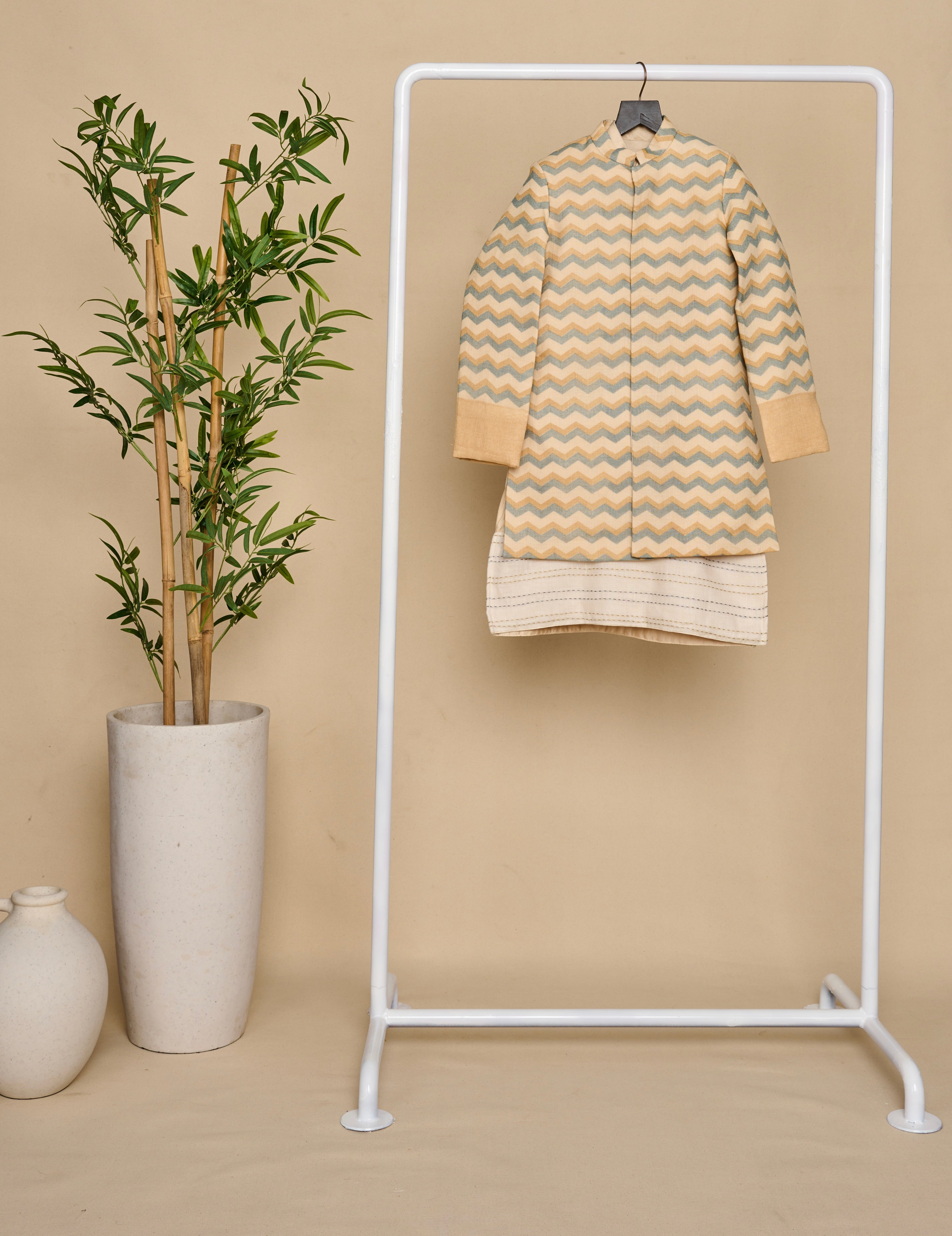 Beige Printed Linen Achkan Set