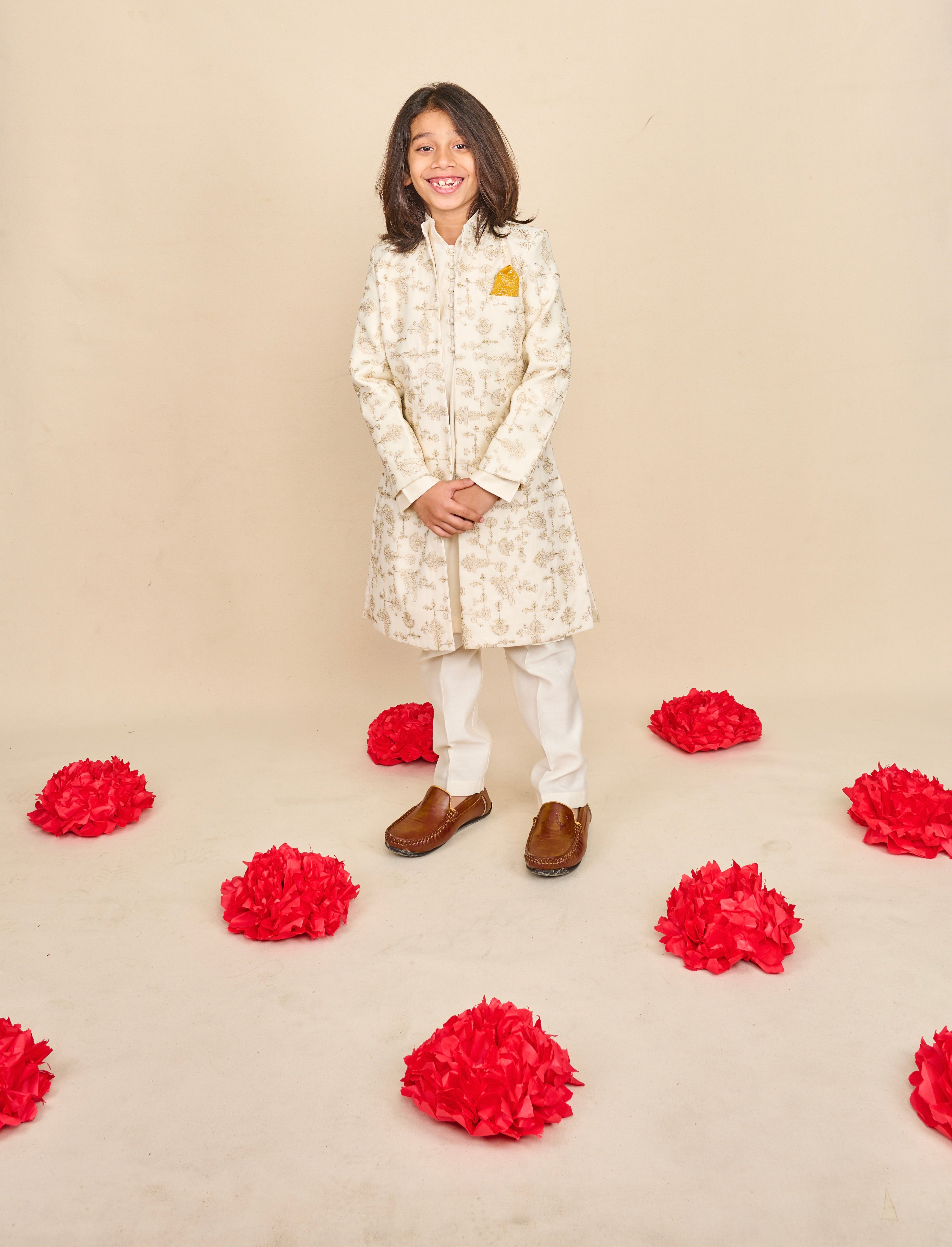 Pearl White Open Achkan Set