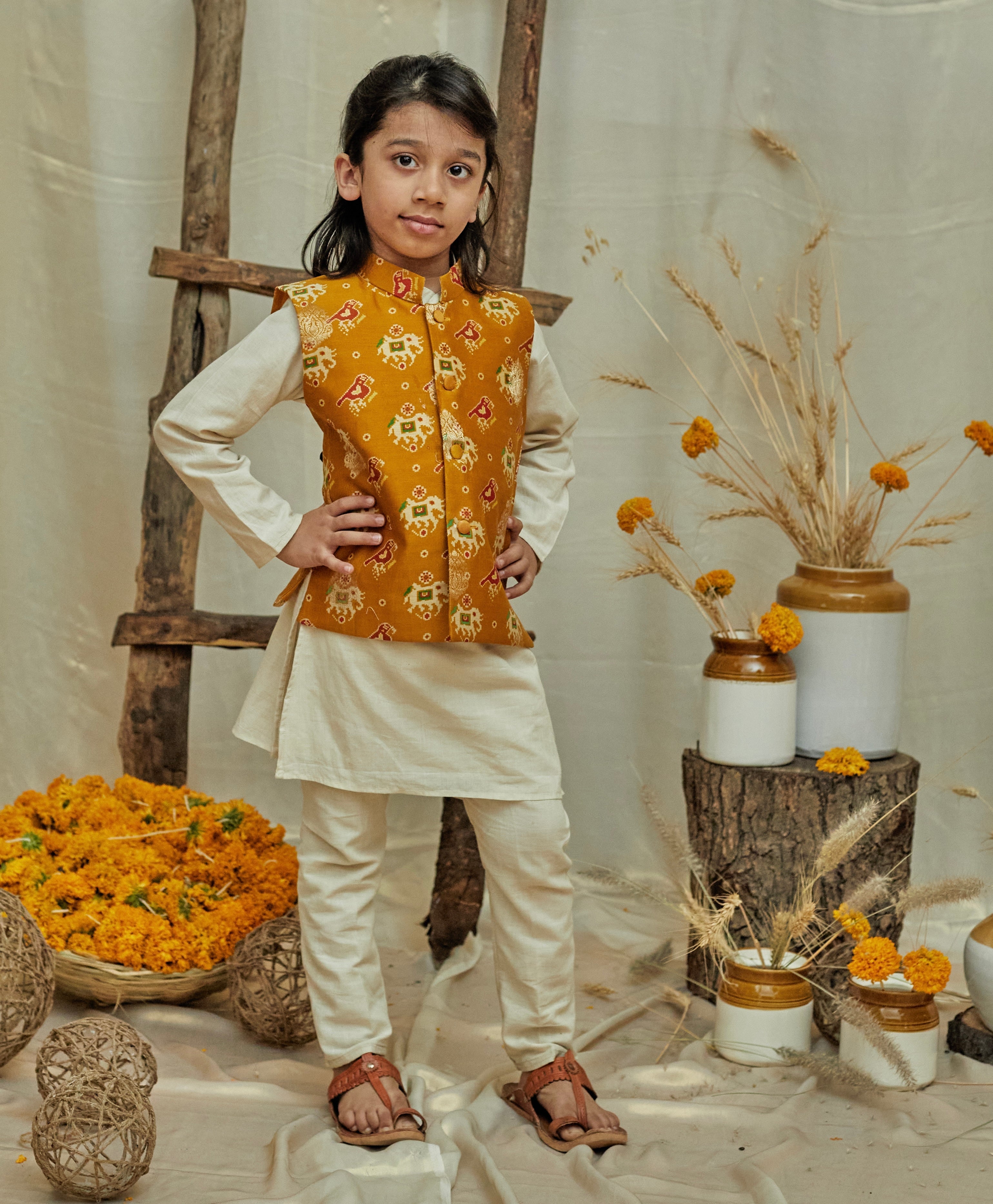 Mustard Patola Kurta Jacket Set