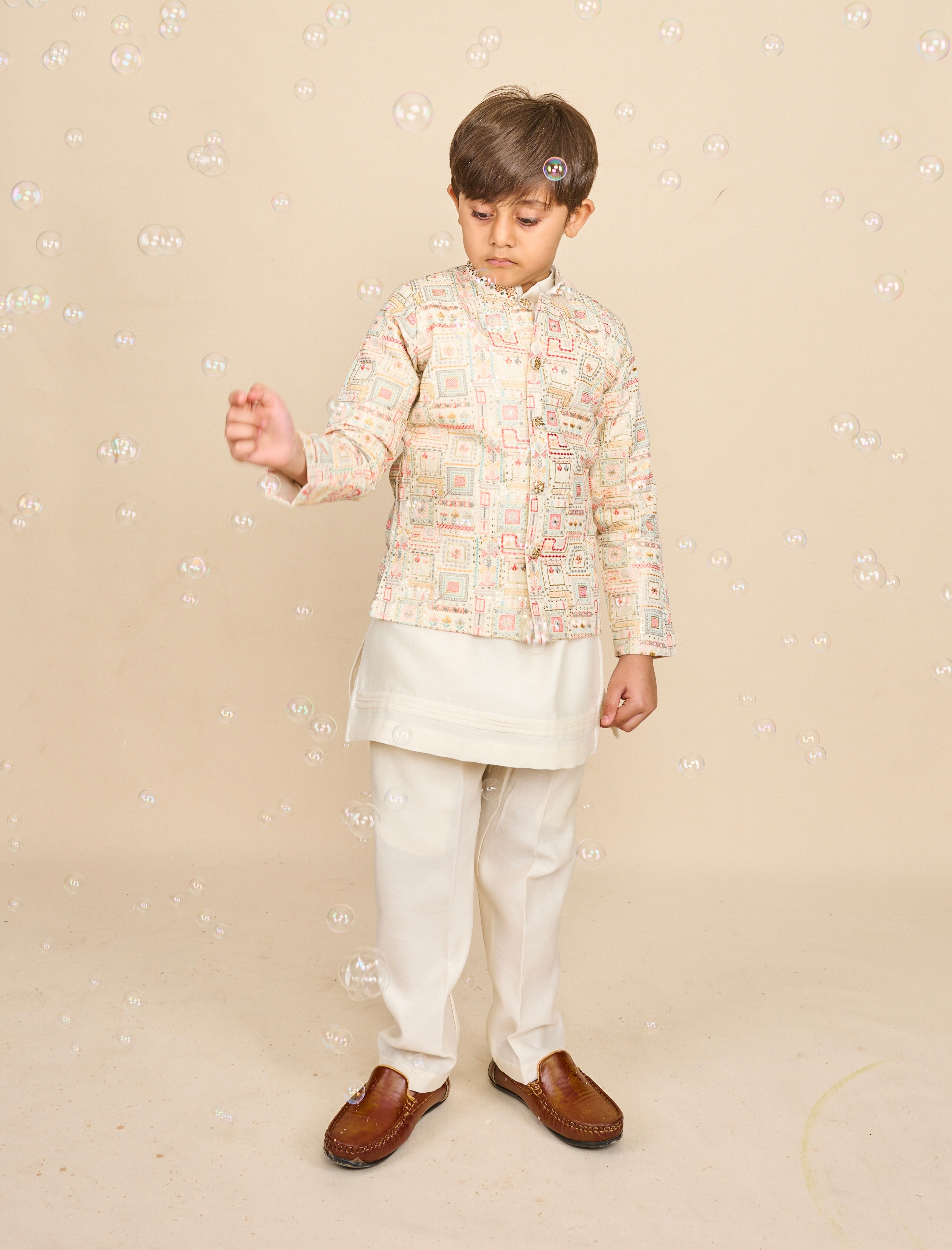 Faded-White Embroidered Bandhgala Set