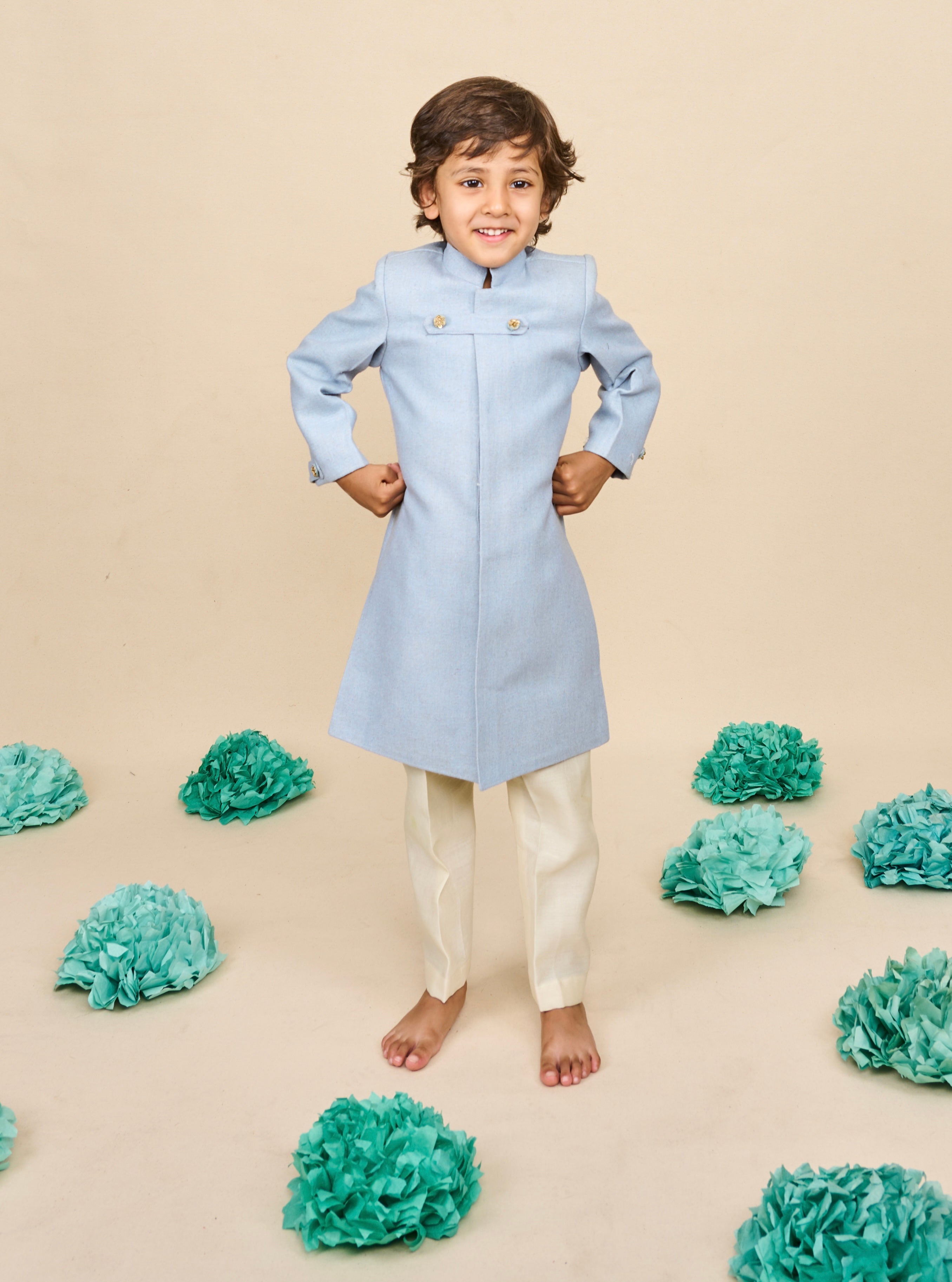 Sky Coloured Cotton Matka Achkan Set
