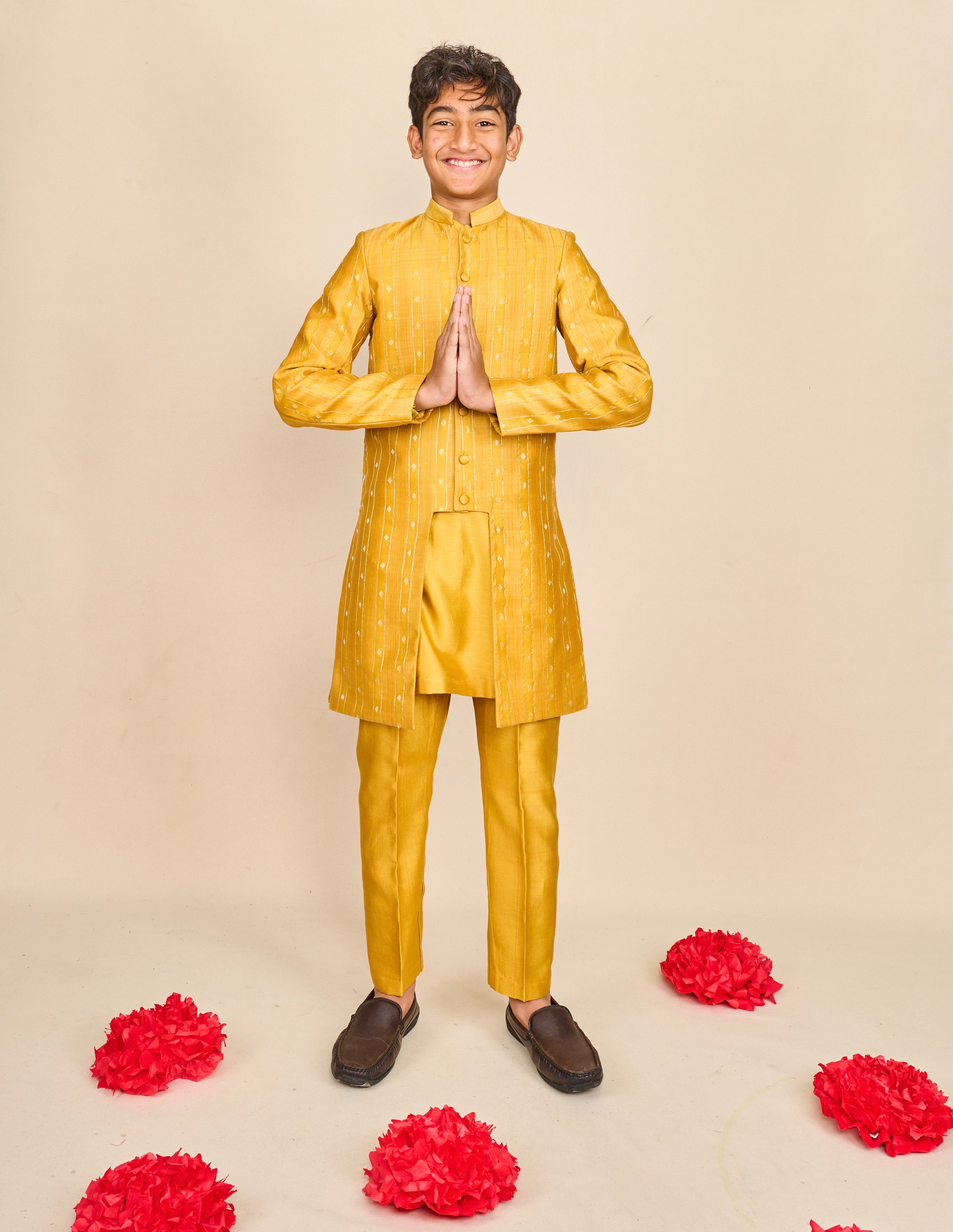Honey Yellow Moonga Silk Achkan Set