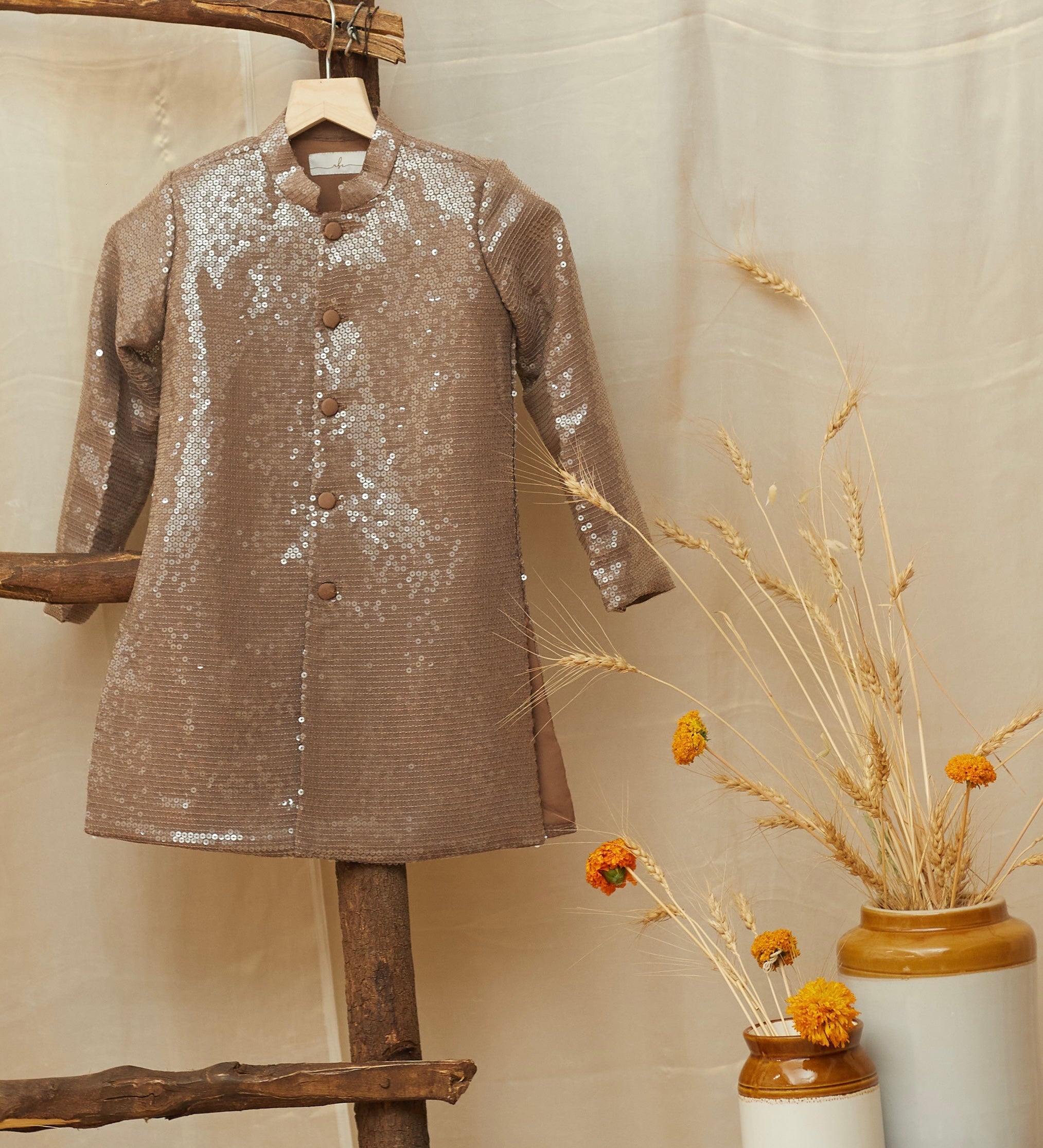 Ash Grey Water Sequins Achkan Set