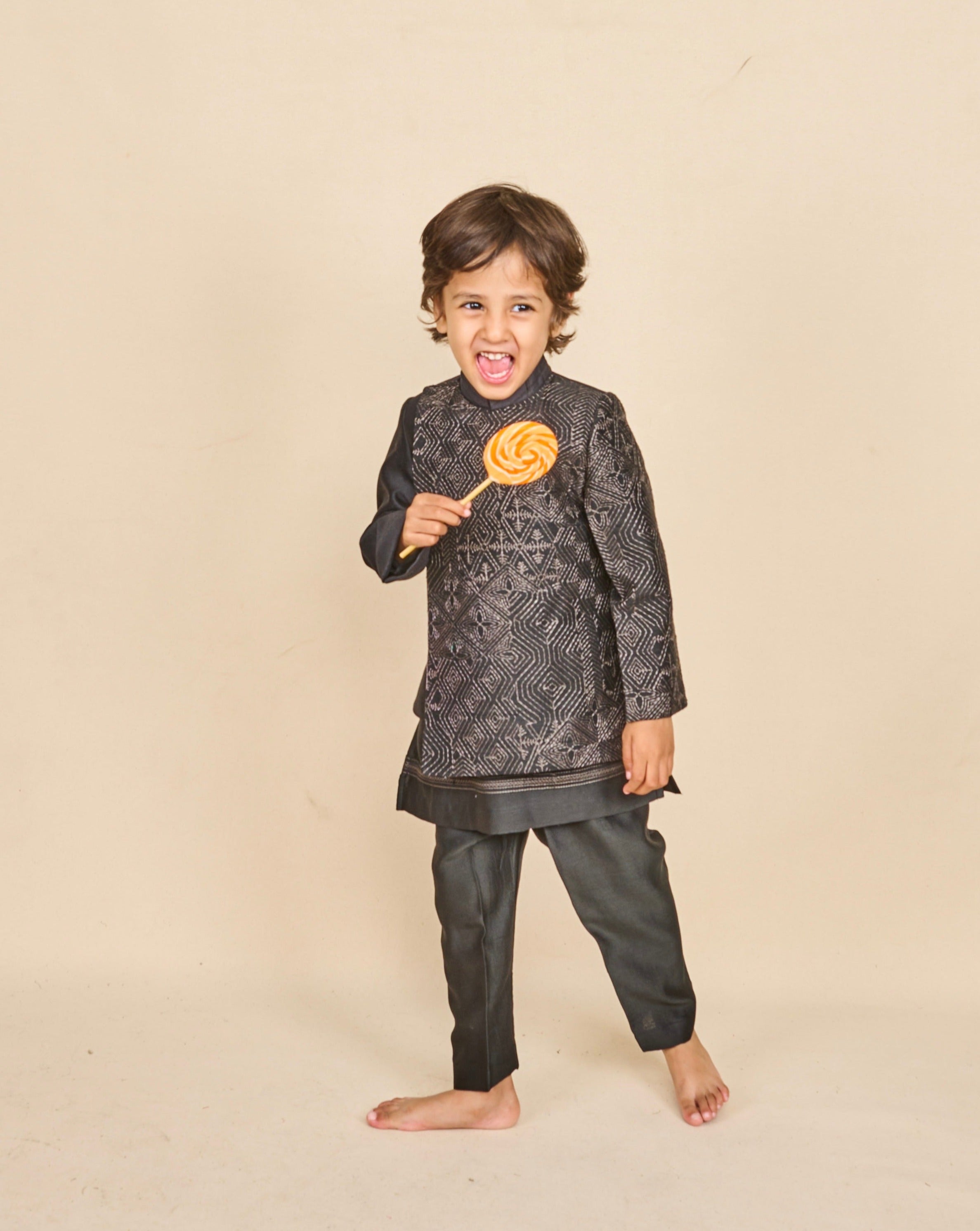 Black Handloom Silk Bandhgala Set