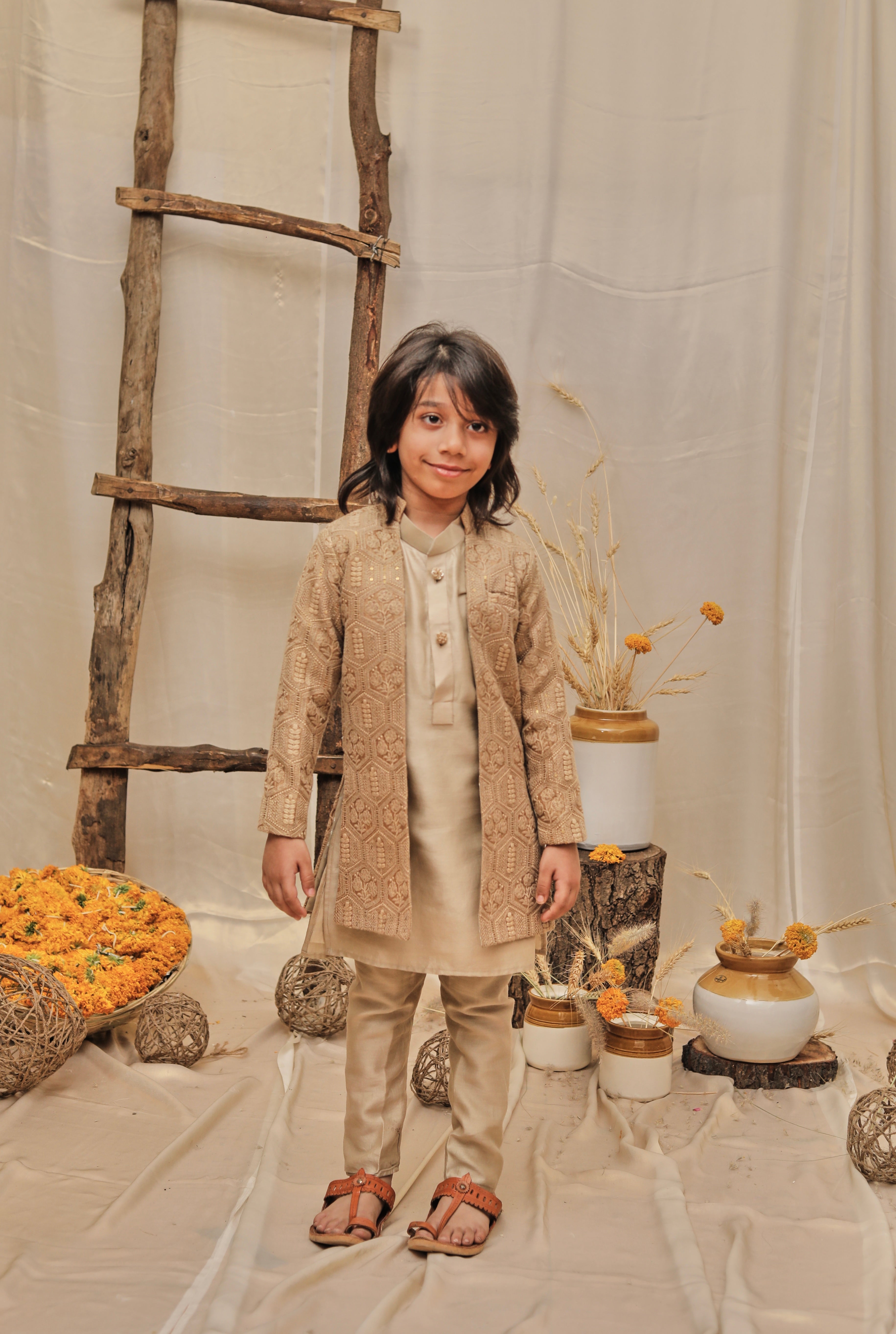 Beige Lakhnavi Open Achkan Set
