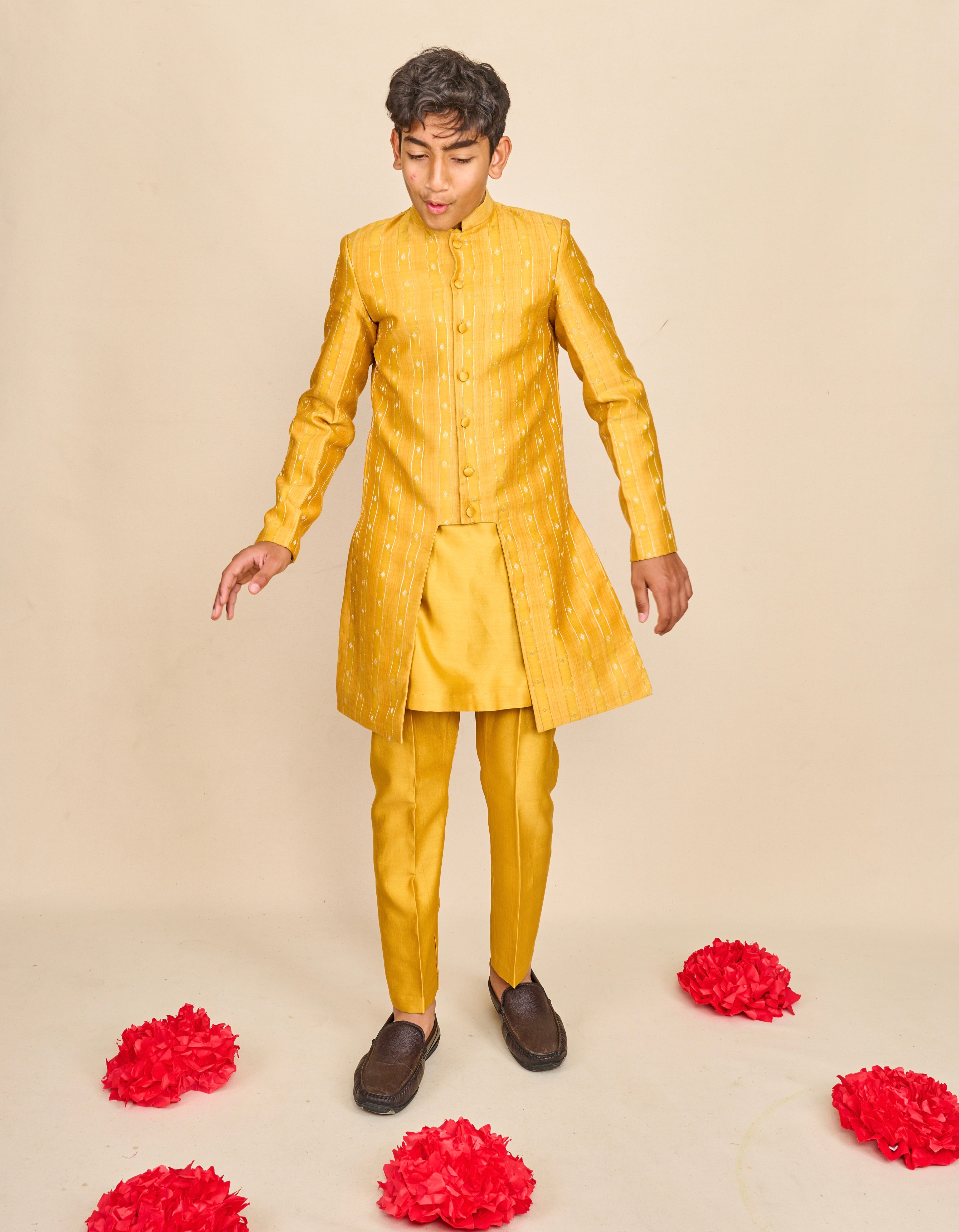 Honey Yellow Moonga Silk Achkan Set