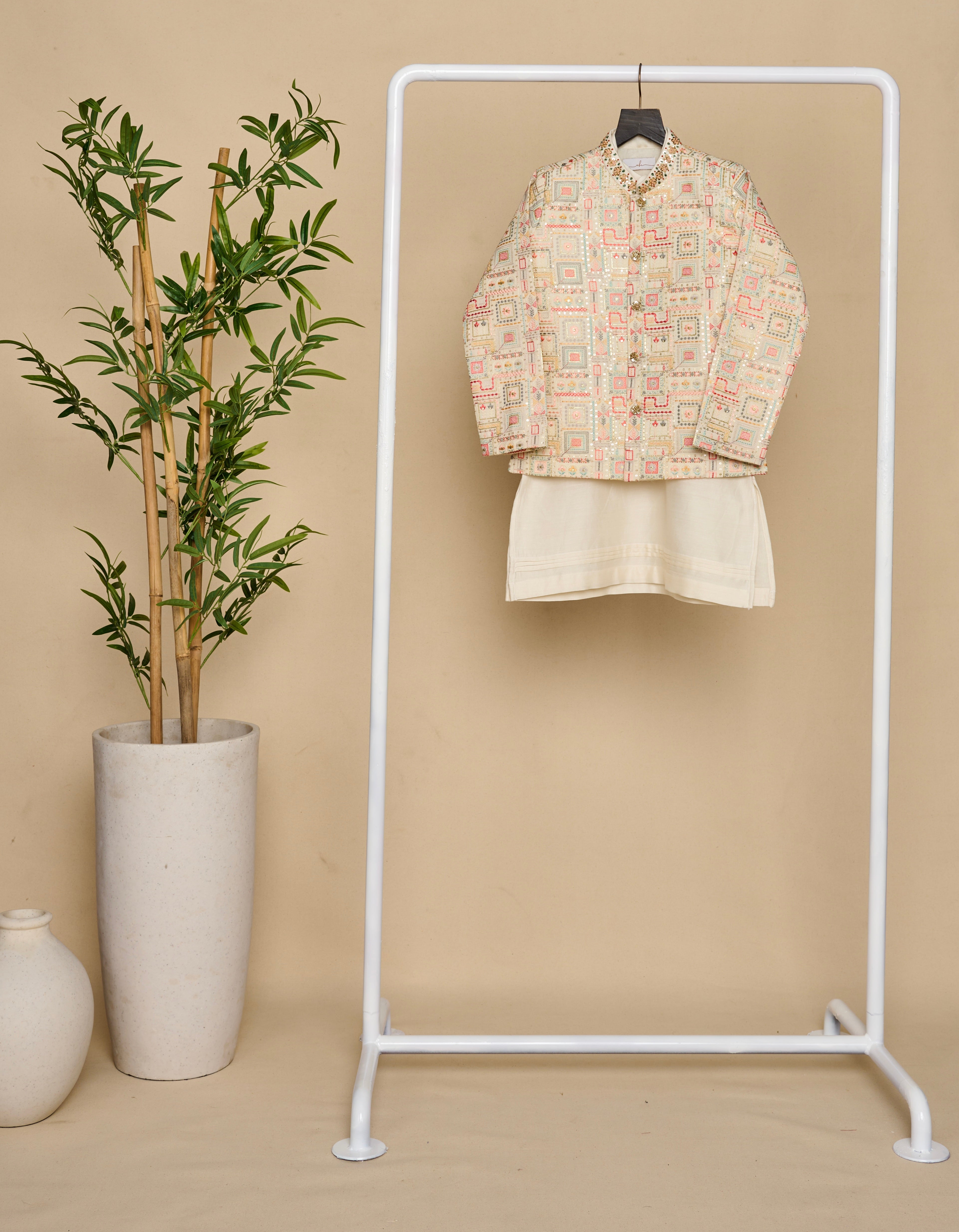 Faded-White Embroidered Bandhgala Set