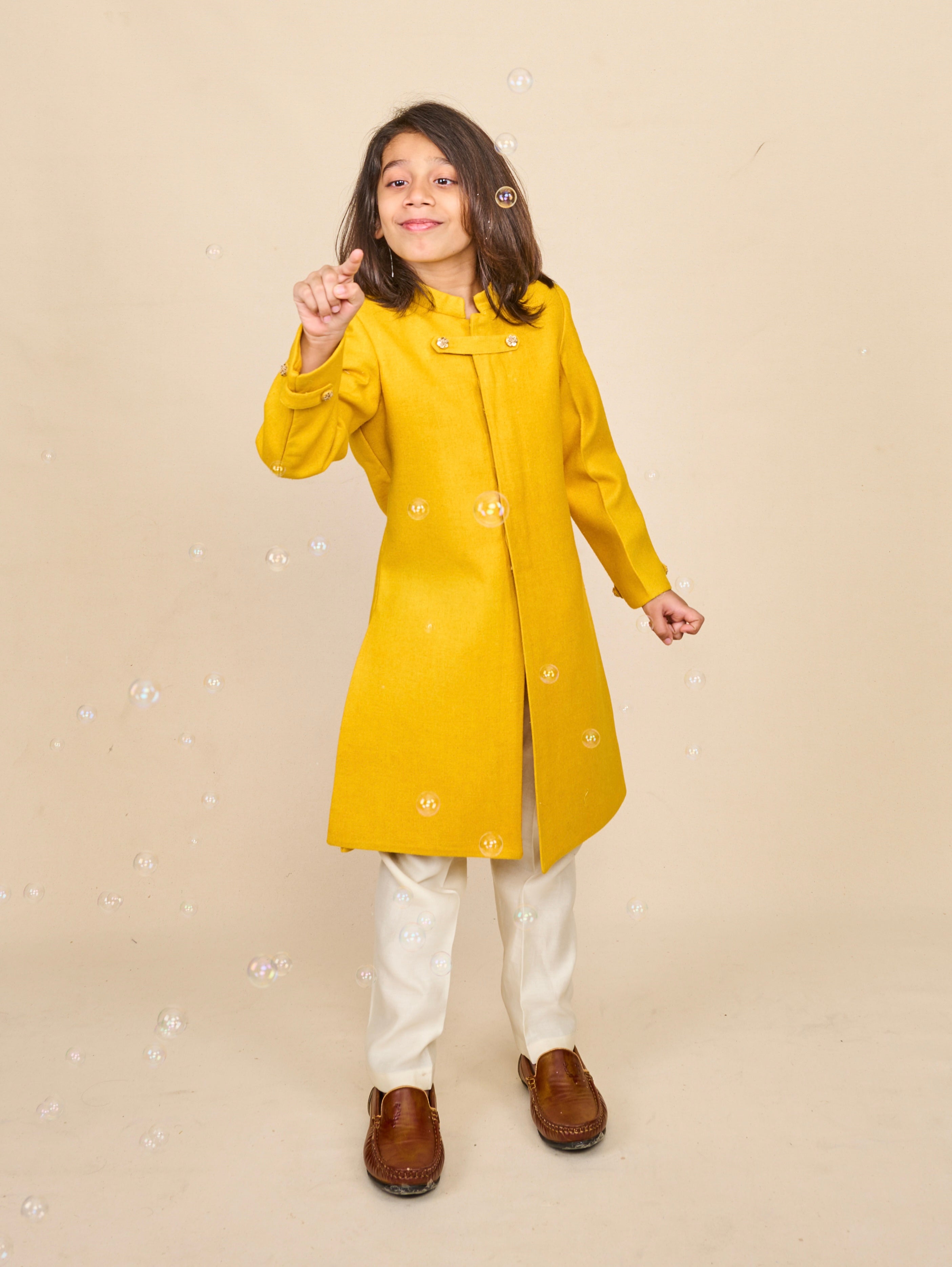Bright Yellow Cotton Matka Achkan Set