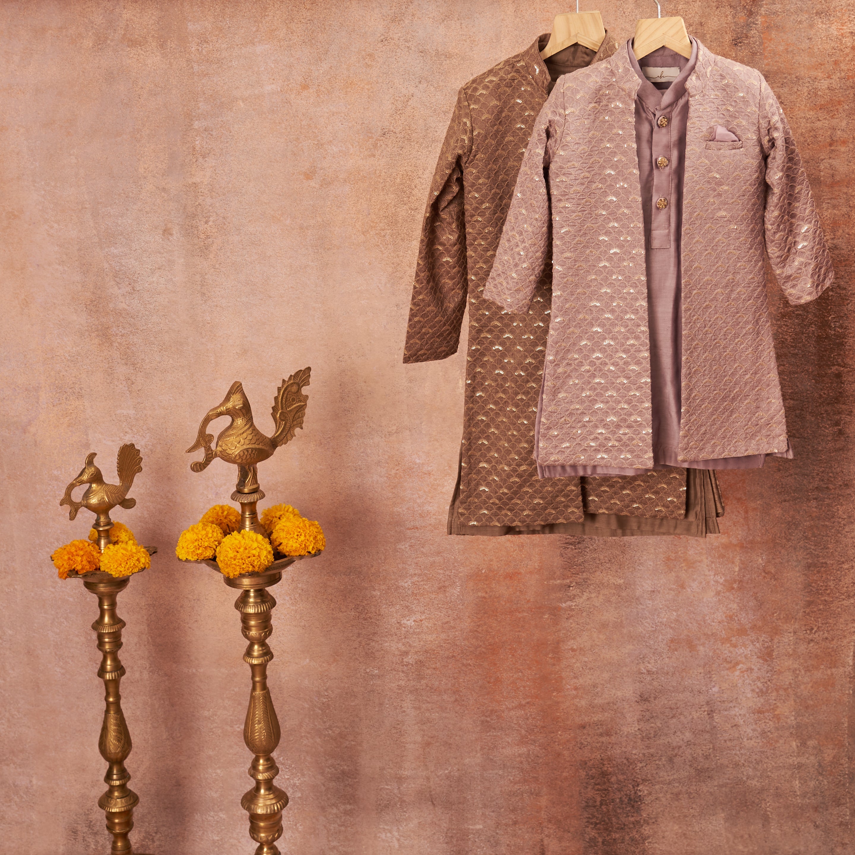 Brown-Grey Lakhnawi Achkan Set