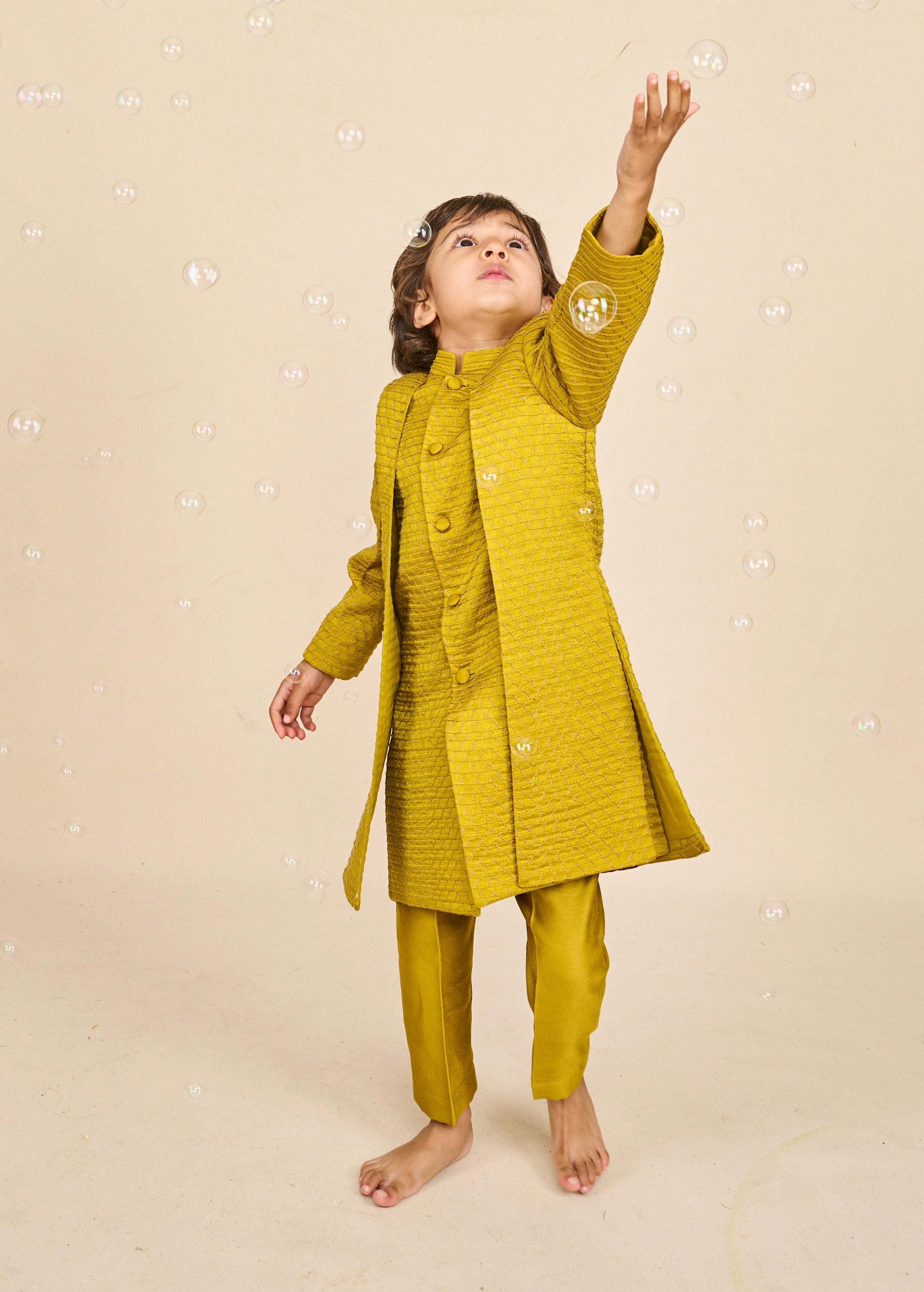Flaxen Yellow Layered Achkan Set
