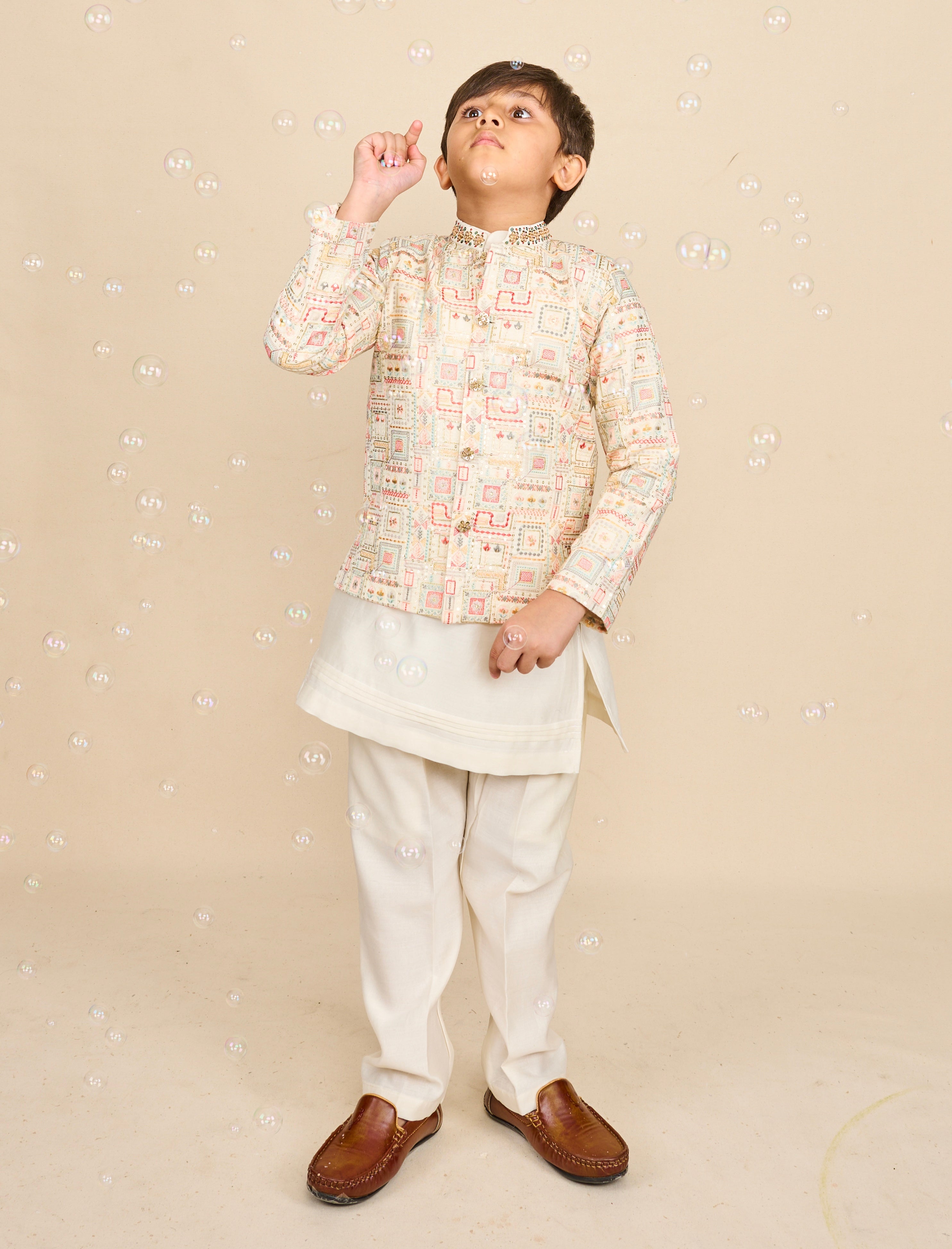 Faded-White Embroidered Bandhgala Set