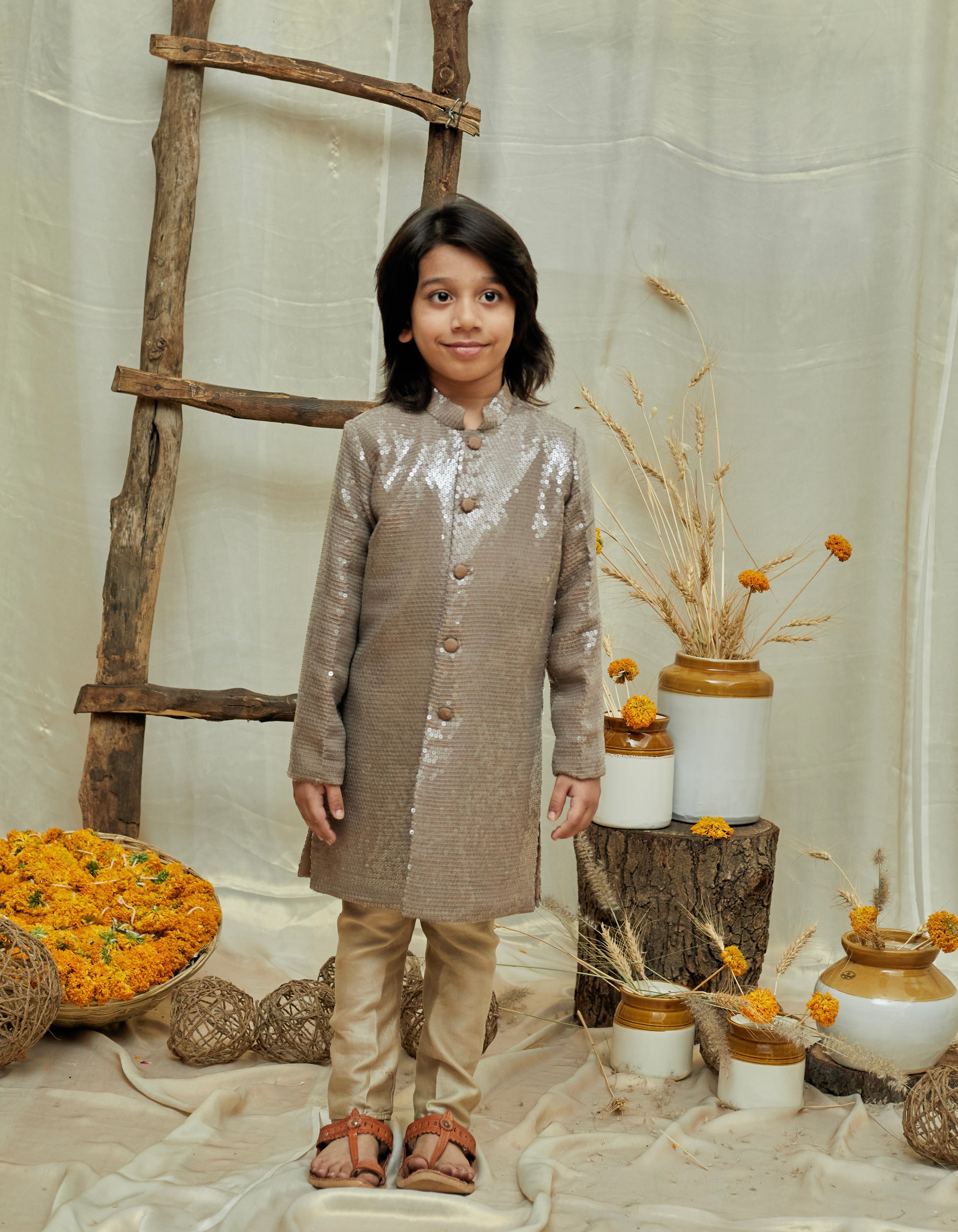 Ash Grey Water Sequins Achkan Set