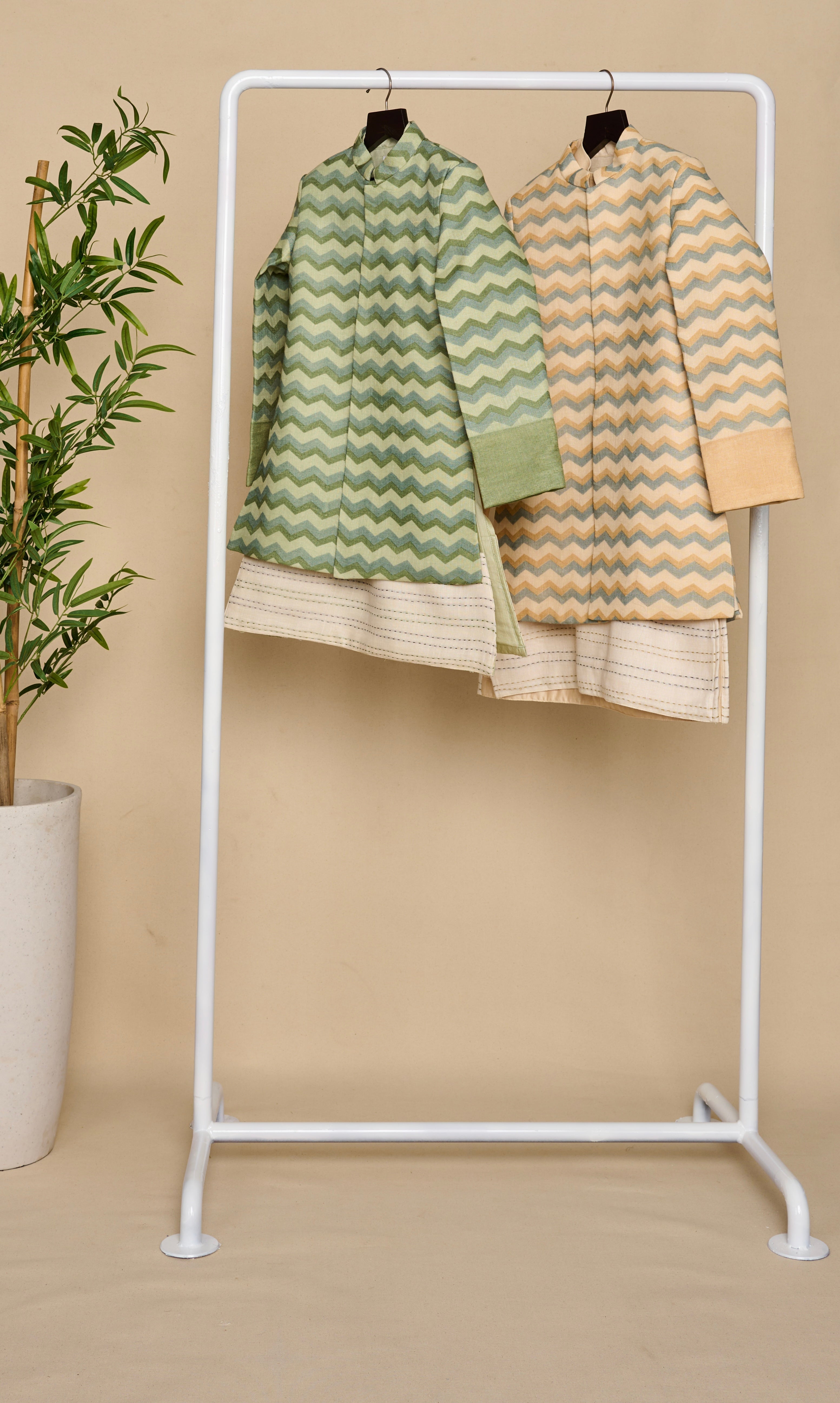 Sage Green Printed Linen Achkan Set
