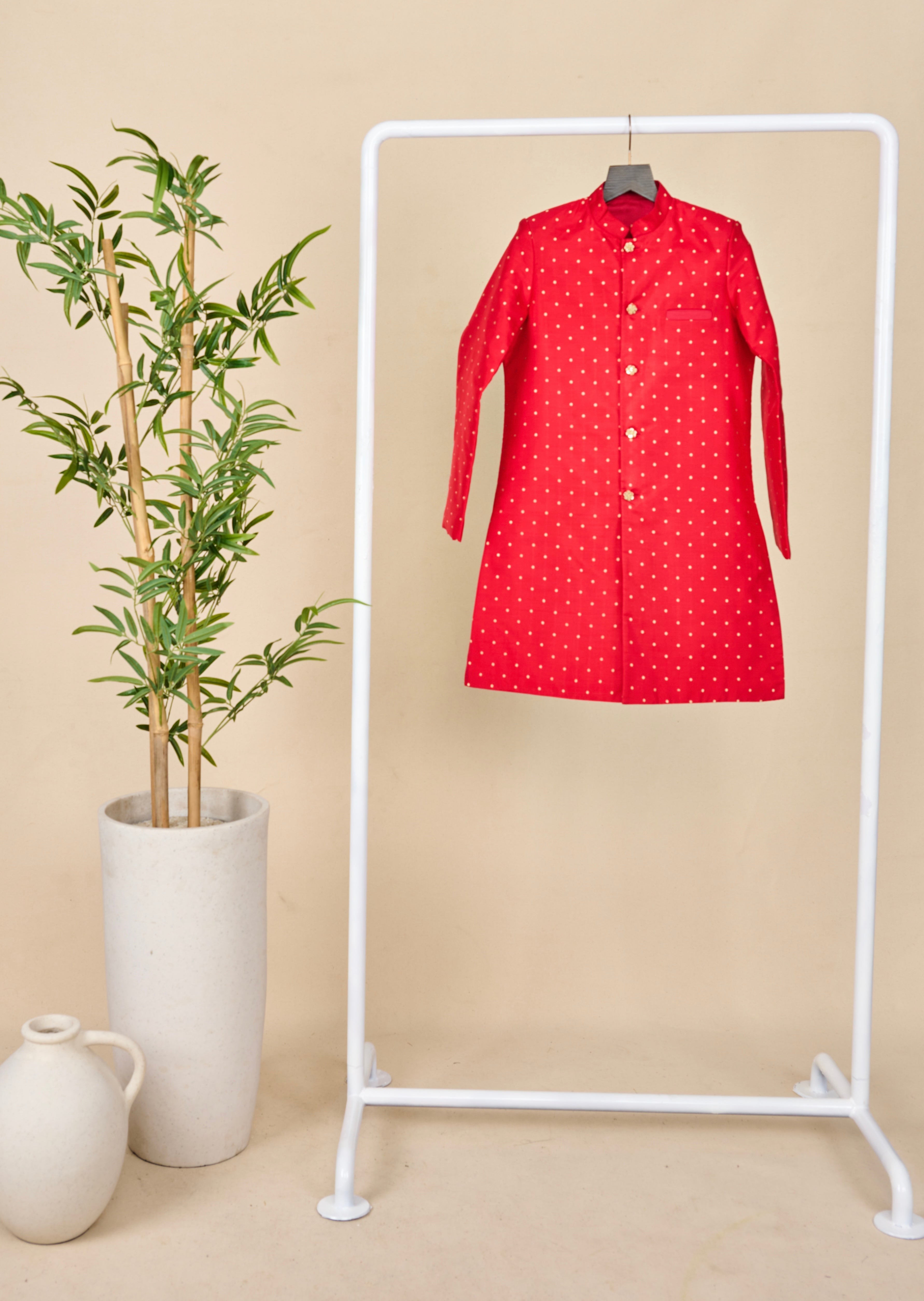 Bright Red Silk Weave Achkan Set