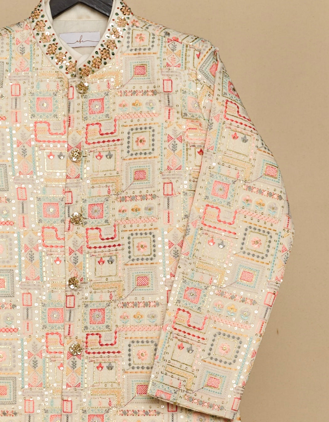 Faded-White Embroidered Bandhgala Set