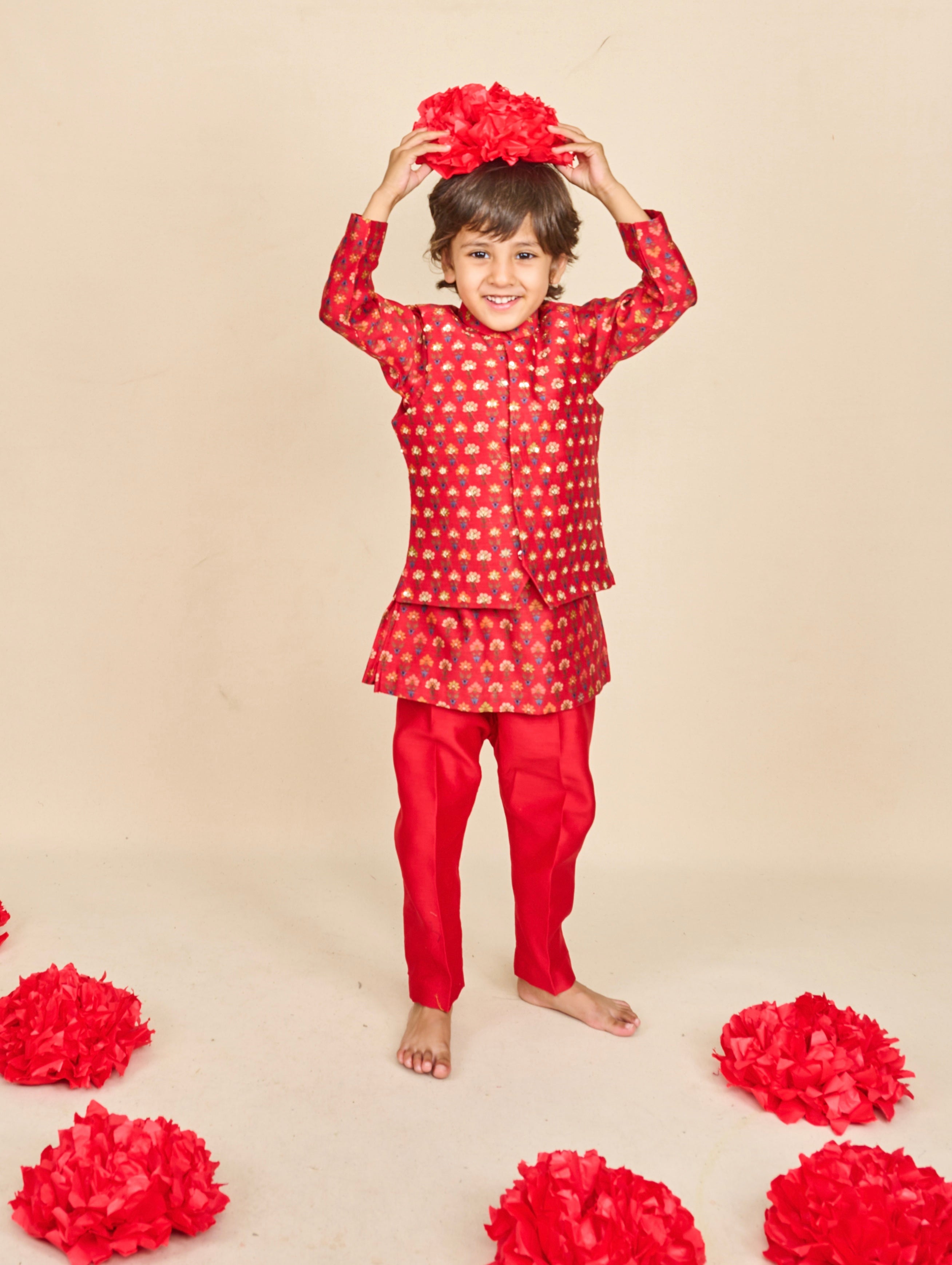 Cherry Red Jaipuri Prints Highlighted Kurta Jacket Set