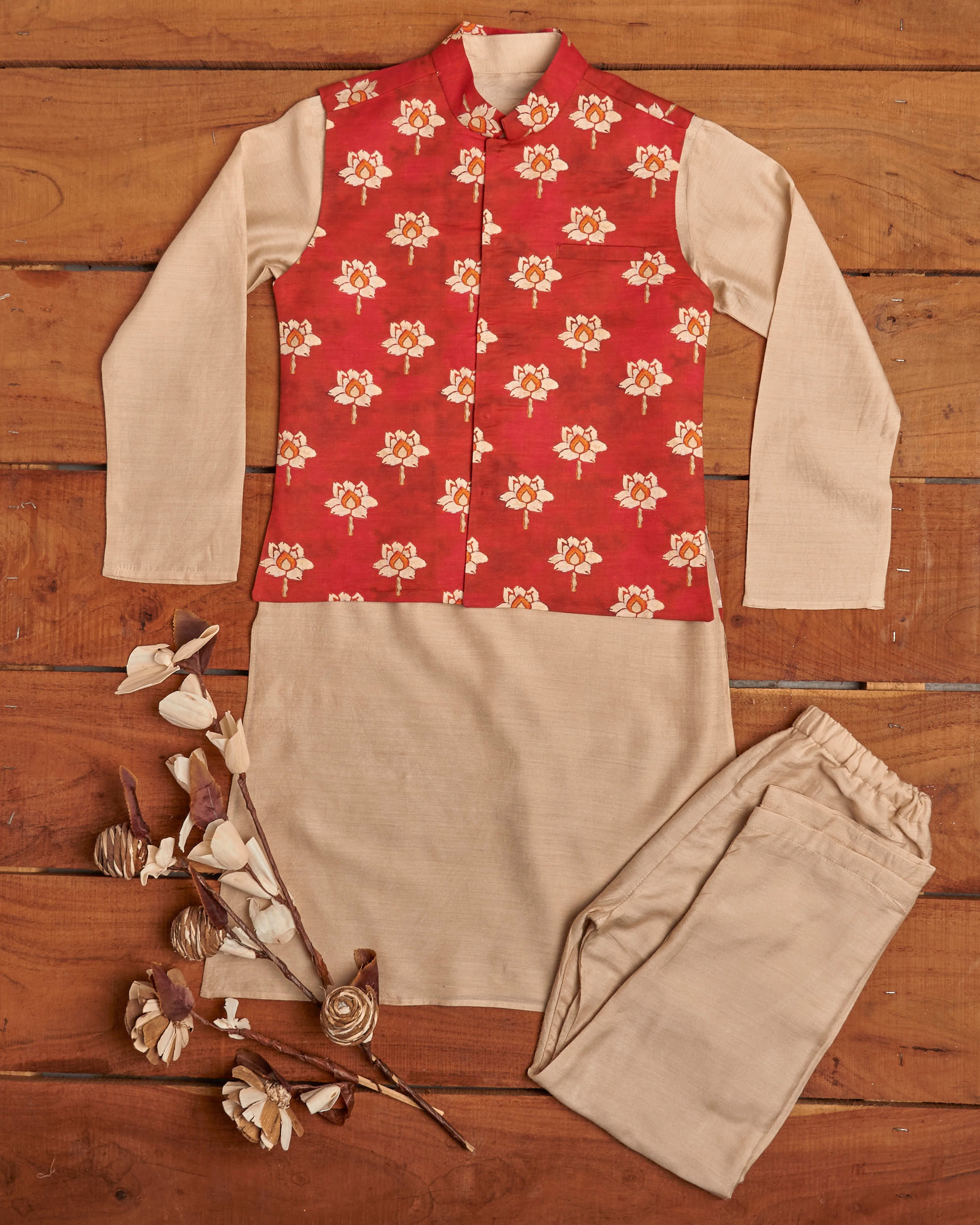 Pink Lotus Print Kurta Jacket Set