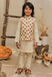 Beige Multicolour Moonga Silk Kurta Jacket Set