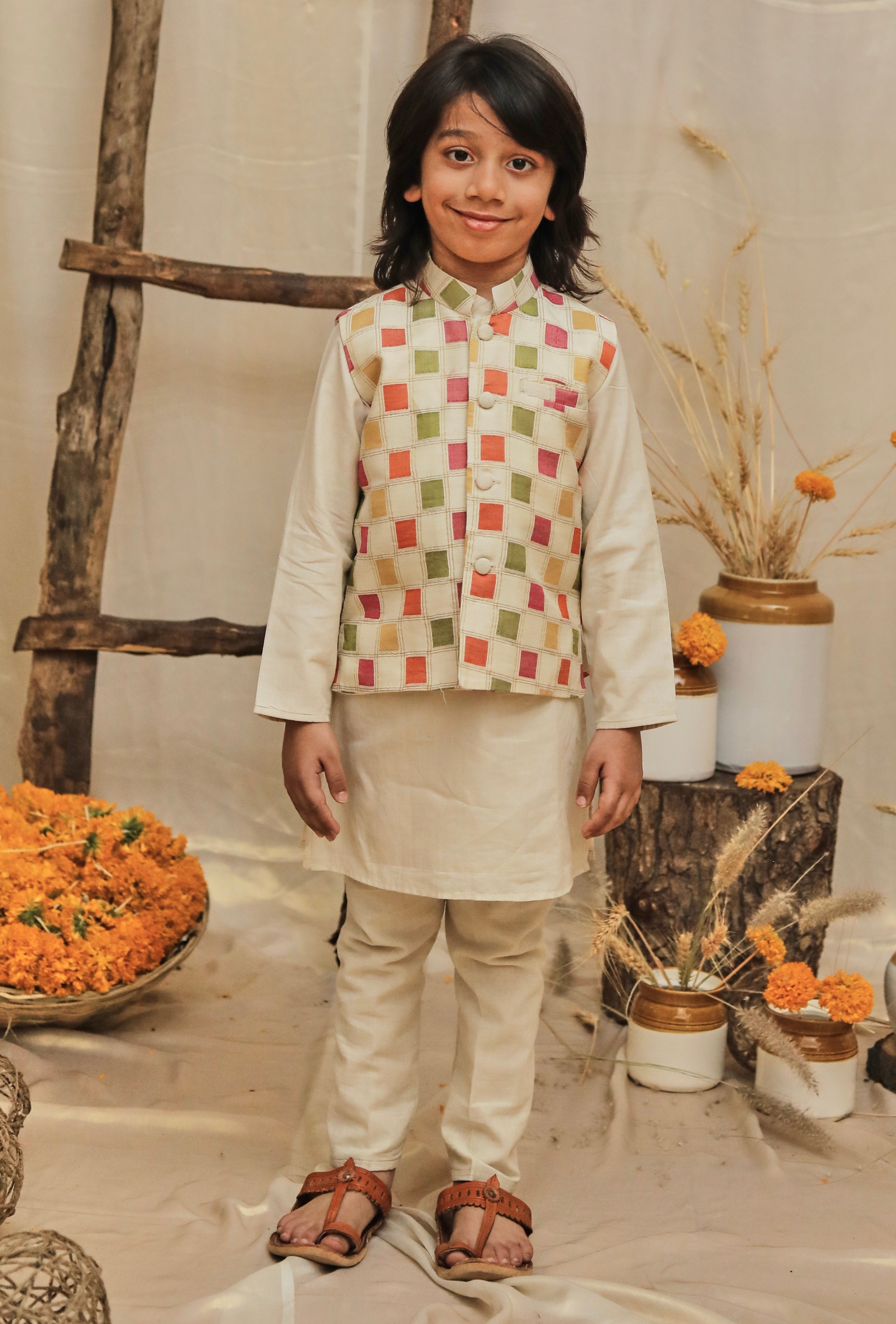 Beige Multicolour Moonga Silk Kurta Jacket Set