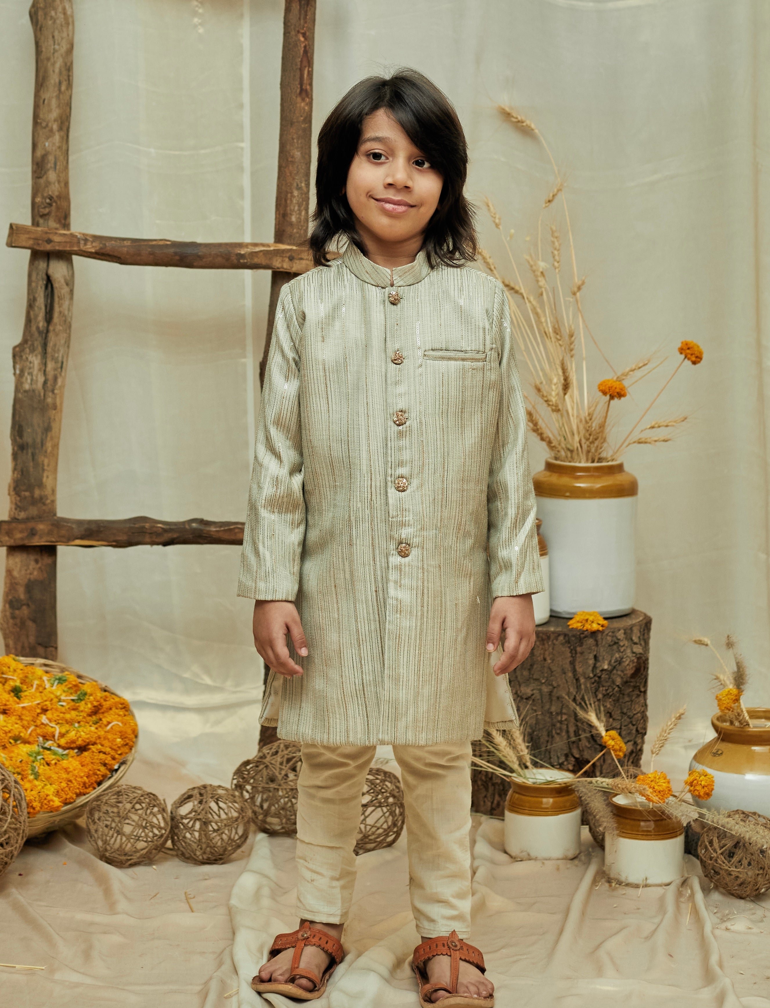 Sage Green Sequins Achkan Set