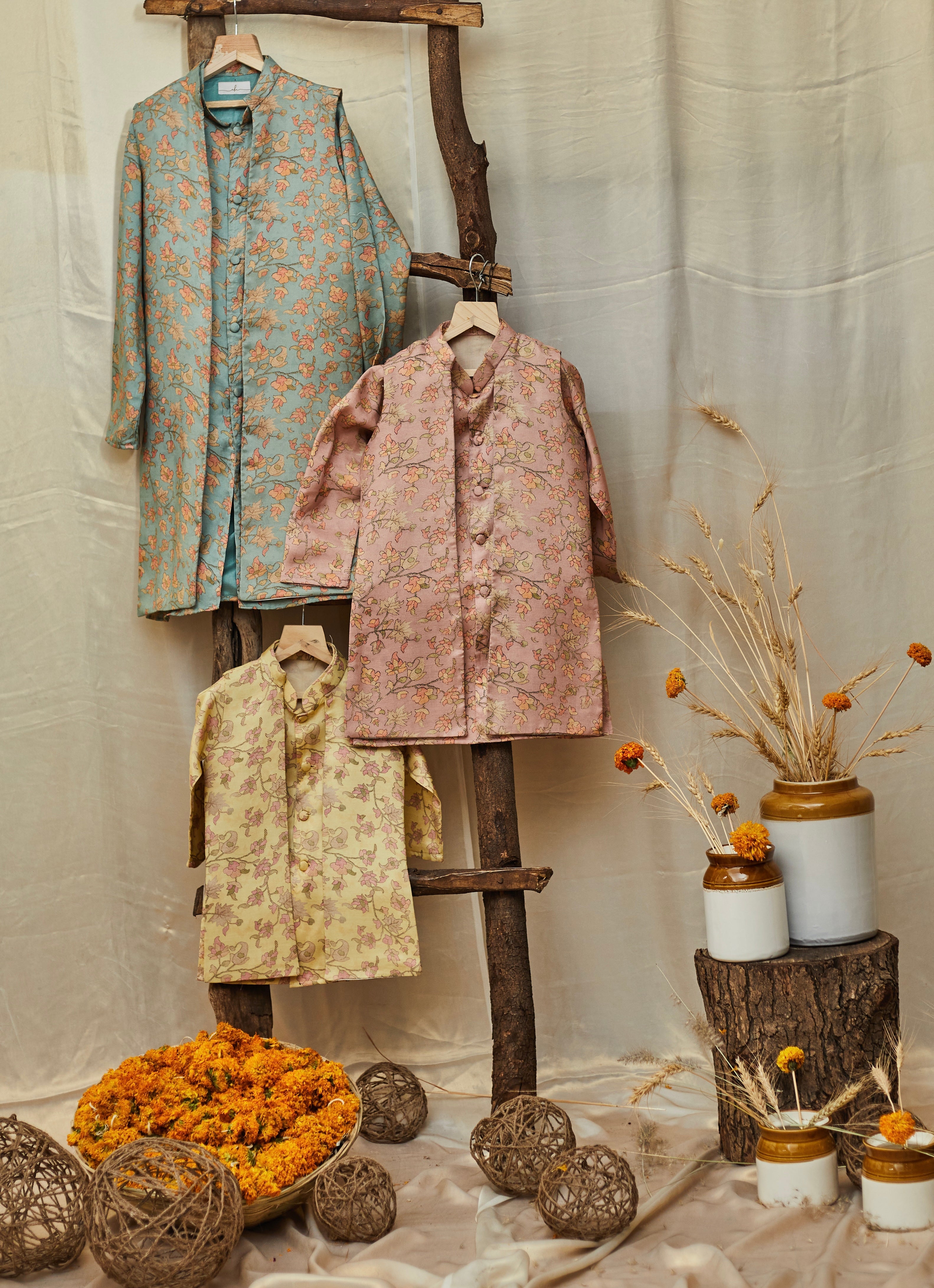 Turquoise Blue Printed Silk Set